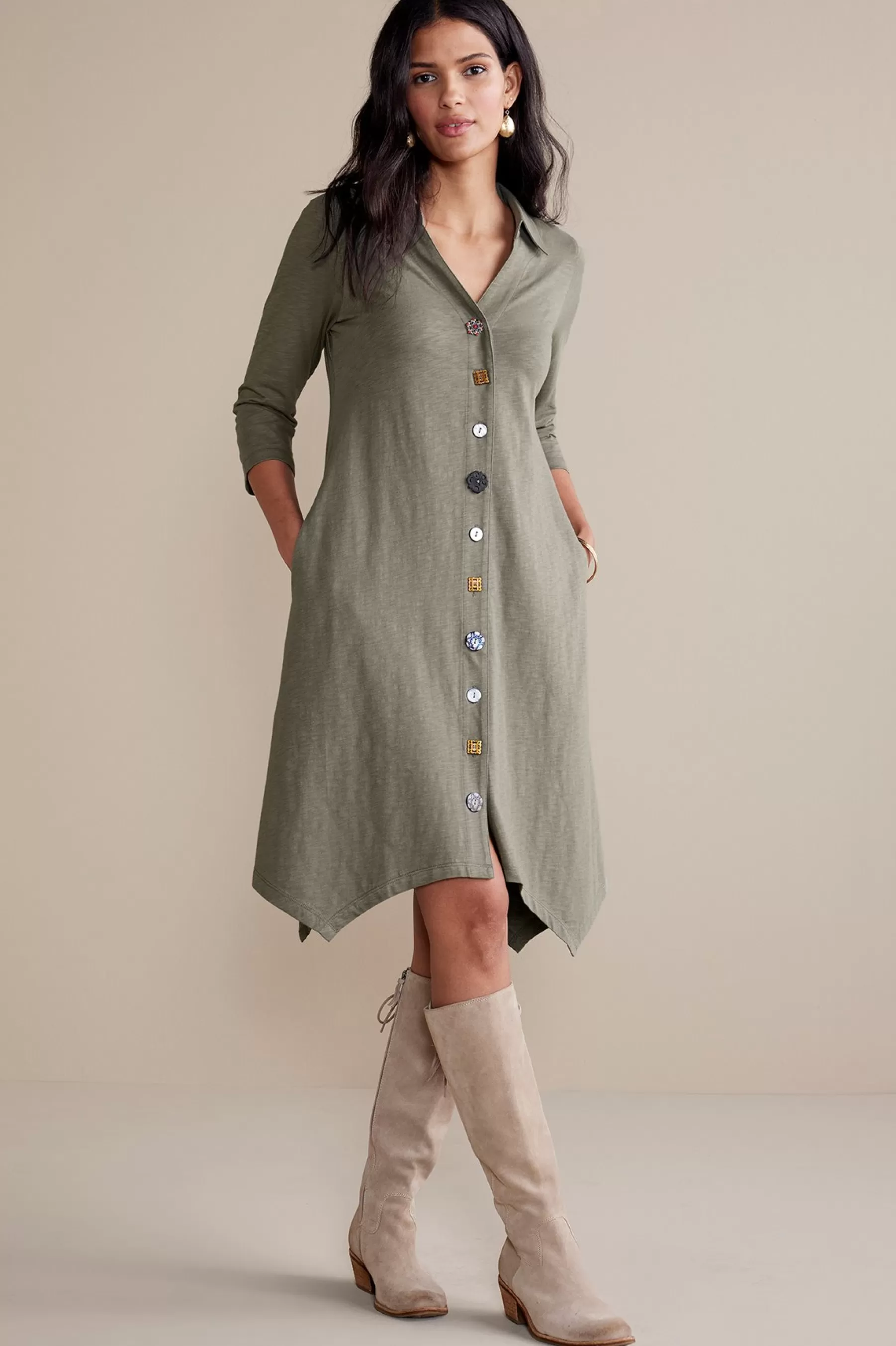 solids | short-Soft Surroundings 3/4 Sleeve Danielle Button Dress Agave Green