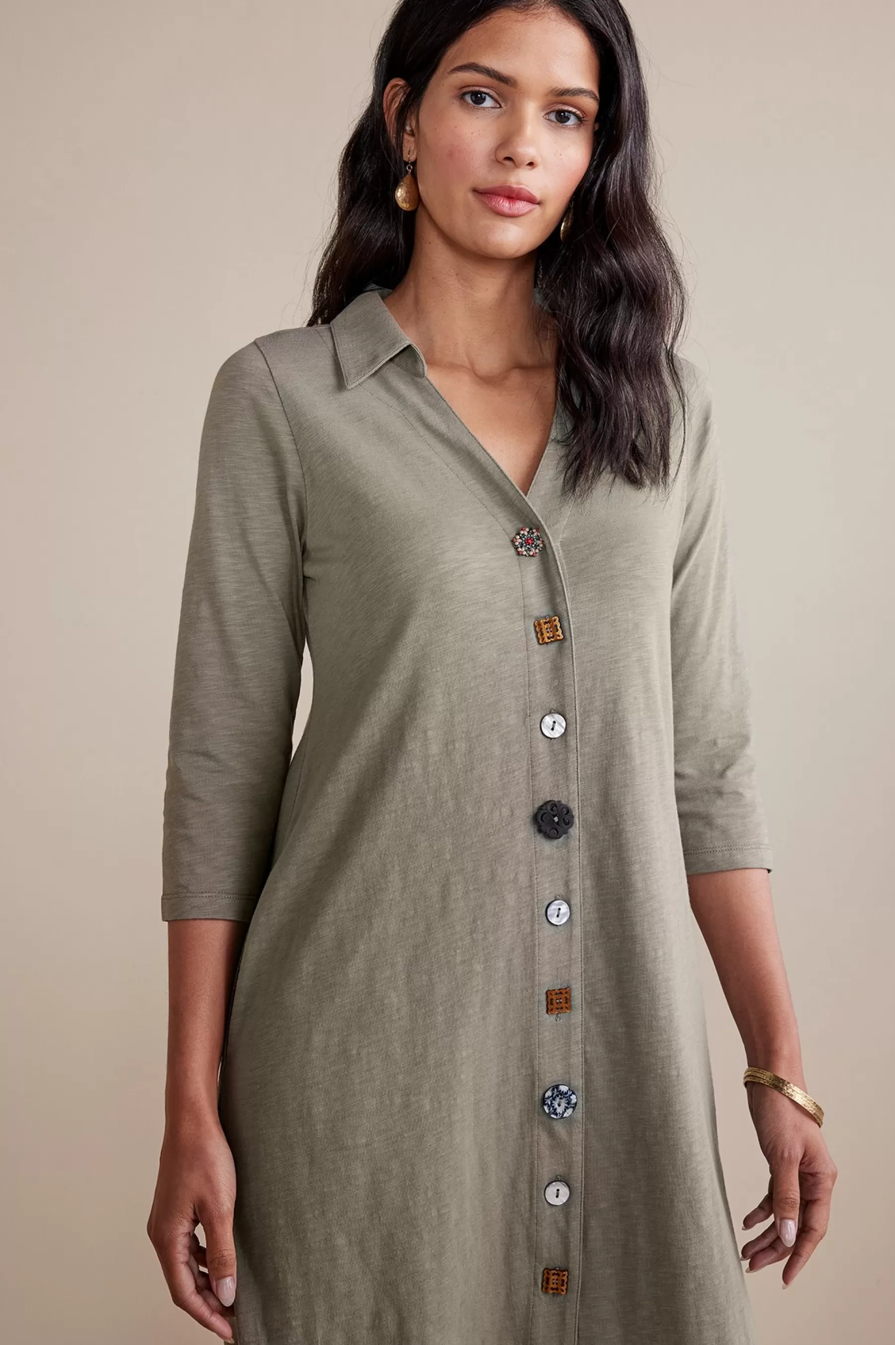 solids | short-Soft Surroundings 3/4 Sleeve Danielle Button Dress Agave Green