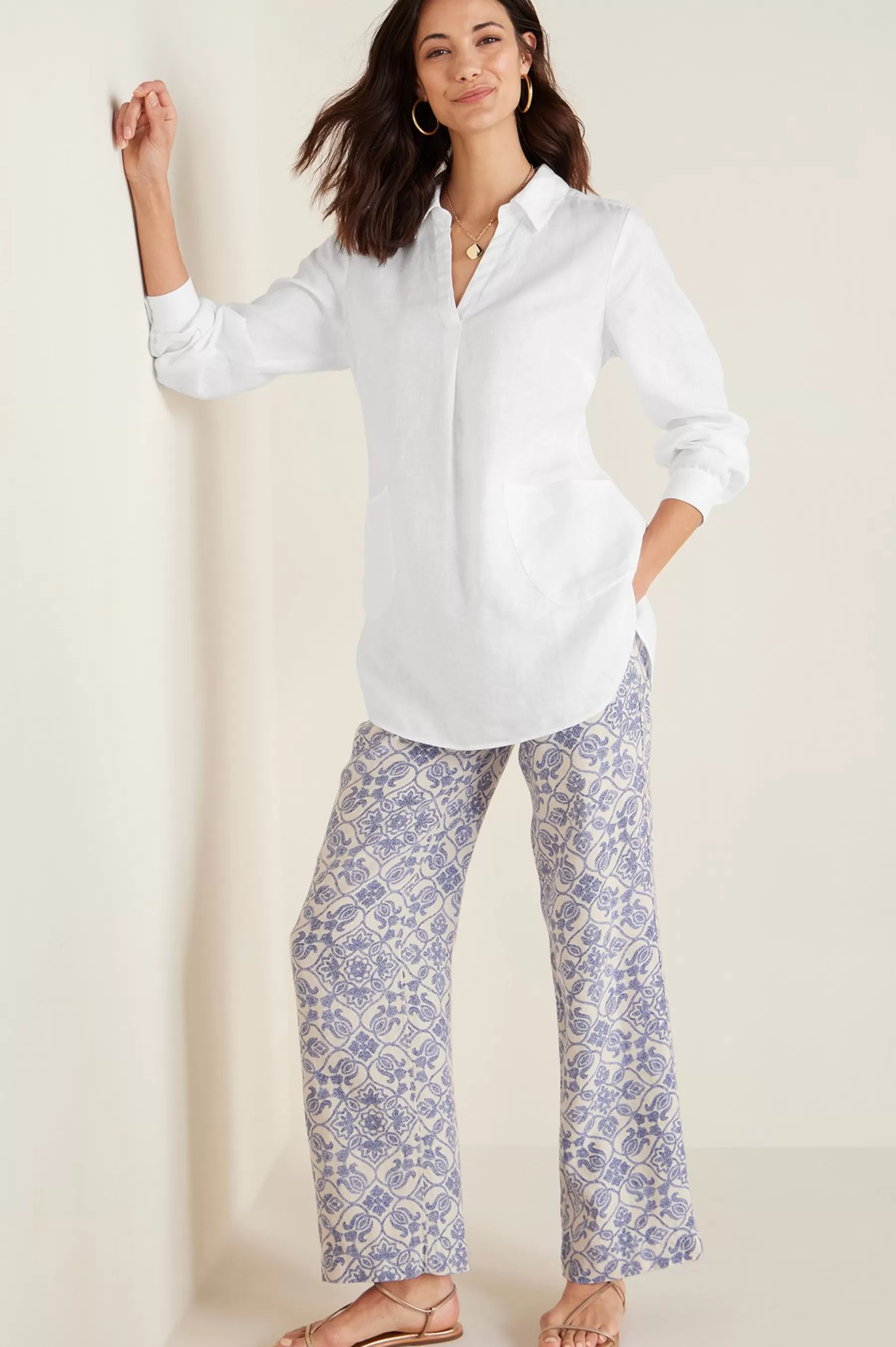 full length | wide leg-Soft Surroundings Aliso Point Linen Pants Blue Tile Print