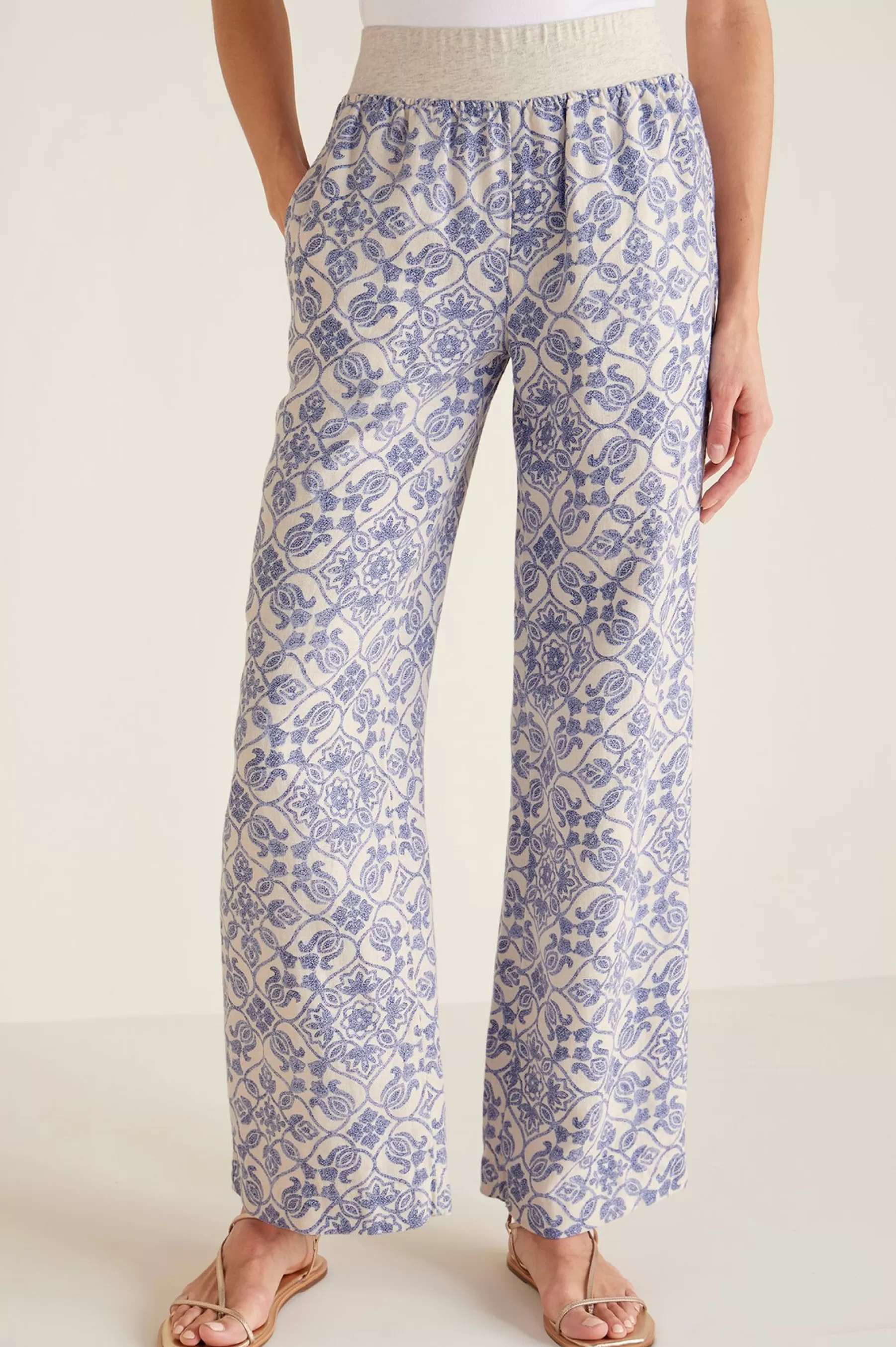 full length | wide leg-Soft Surroundings Aliso Point Linen Pants Blue Tile Print