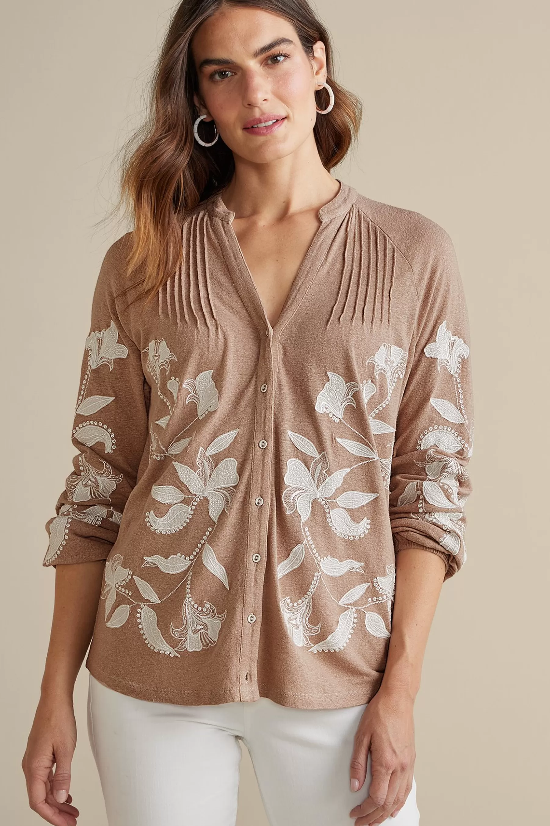 Feminine Flourish | Global Artistry-Soft Surroundings Alva Embroidered Knit Top Beige