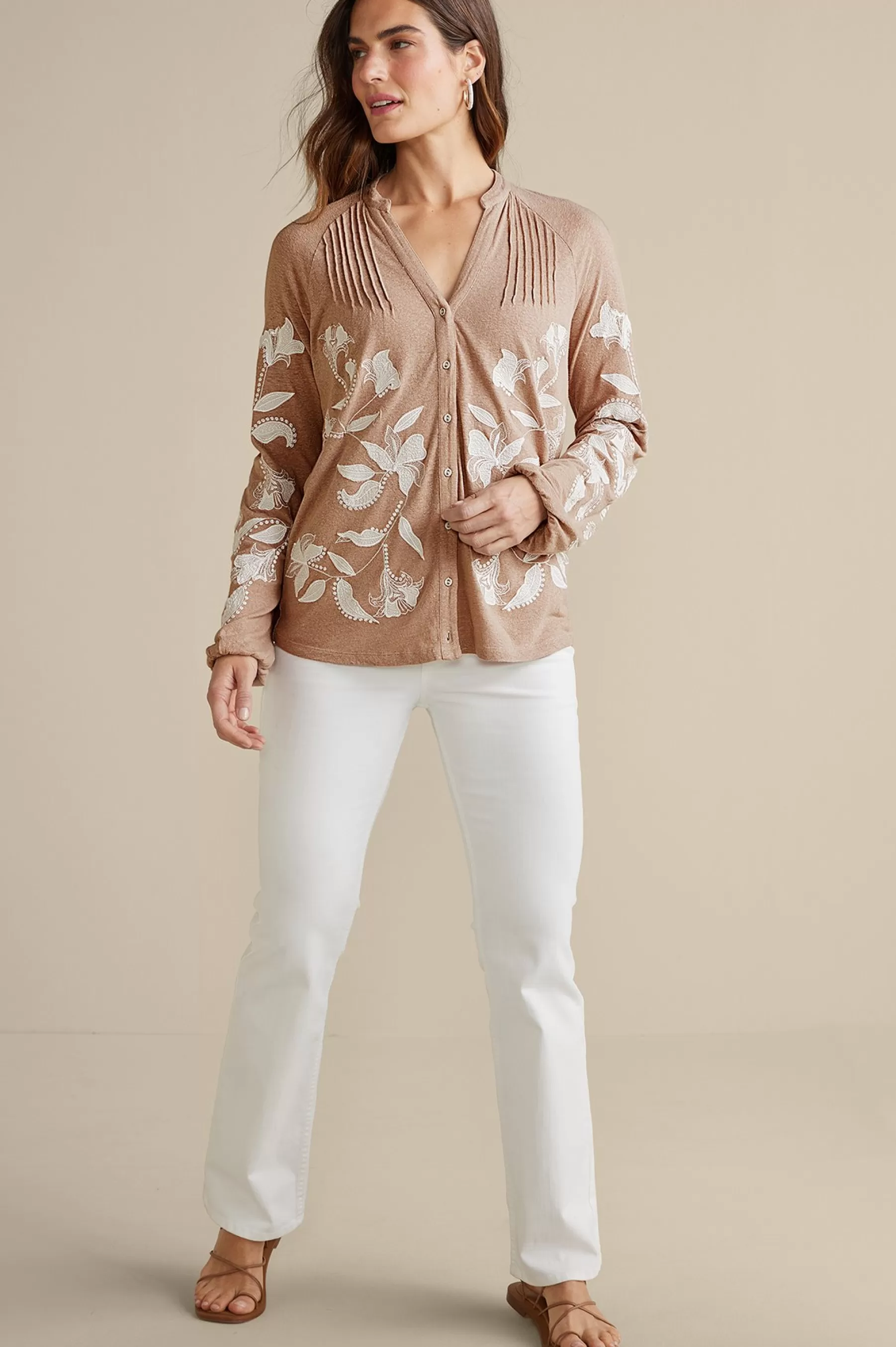 Feminine Flourish | Global Artistry-Soft Surroundings Alva Embroidered Knit Top Beige