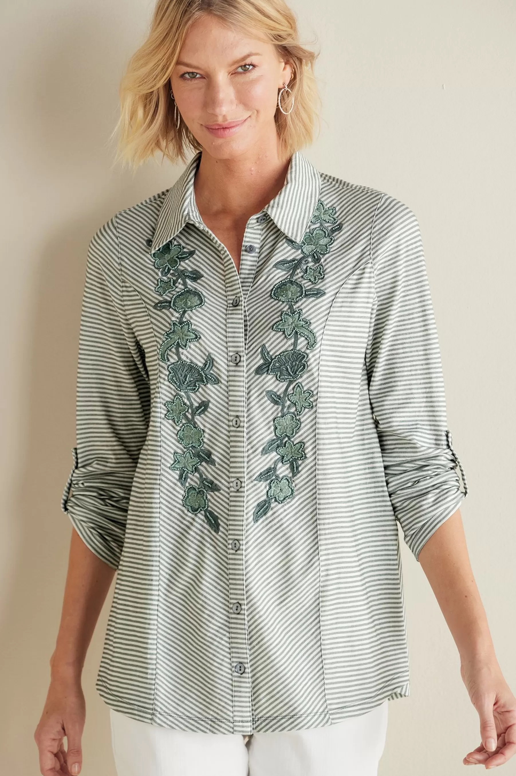 Feminine Flourish | Vacation Shop-Soft Surroundings Anisa Tunic Green Milieu Stripe