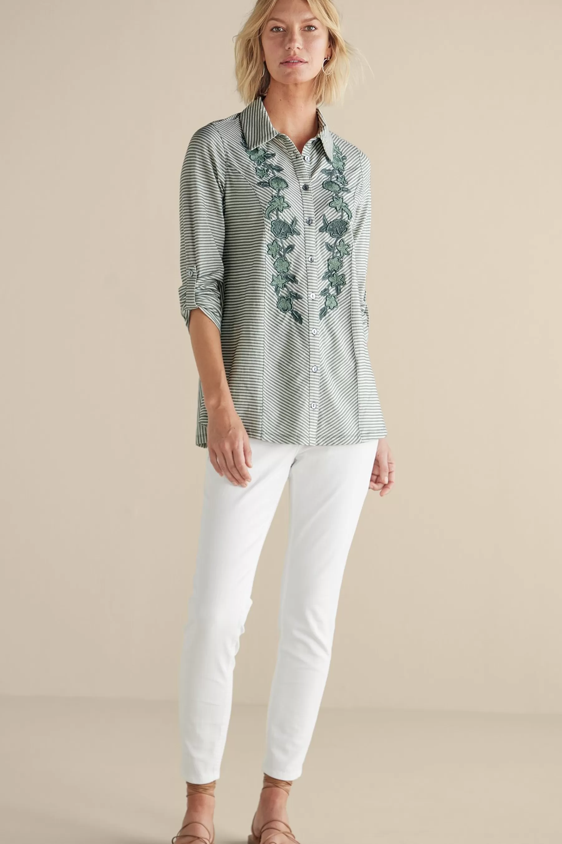 Feminine Flourish | Vacation Shop-Soft Surroundings Anisa Tunic Green Milieu Stripe