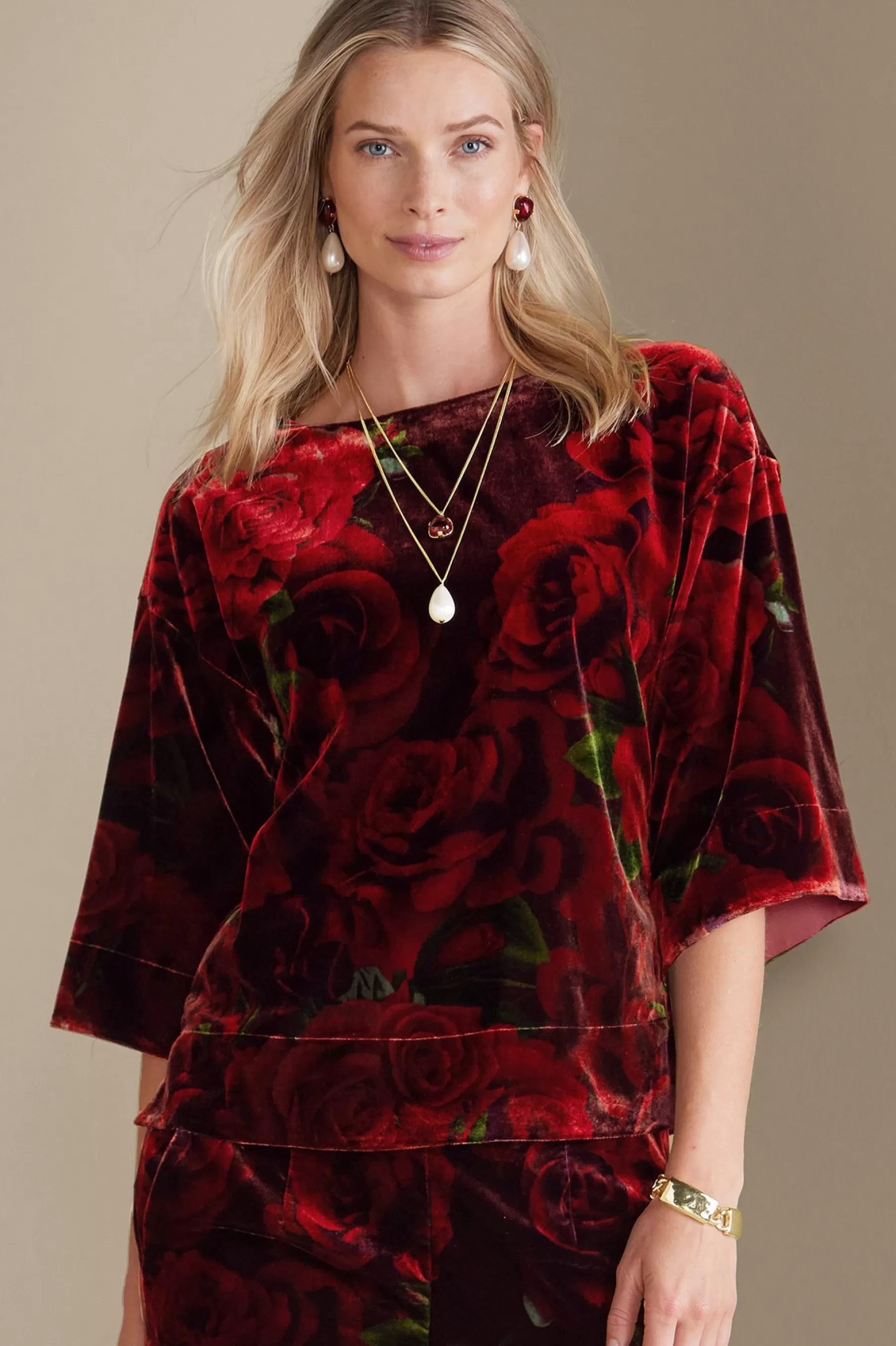 EVelvet Styles | three quarter length-Soft Surroundings Aria Velvet Top Cabernet