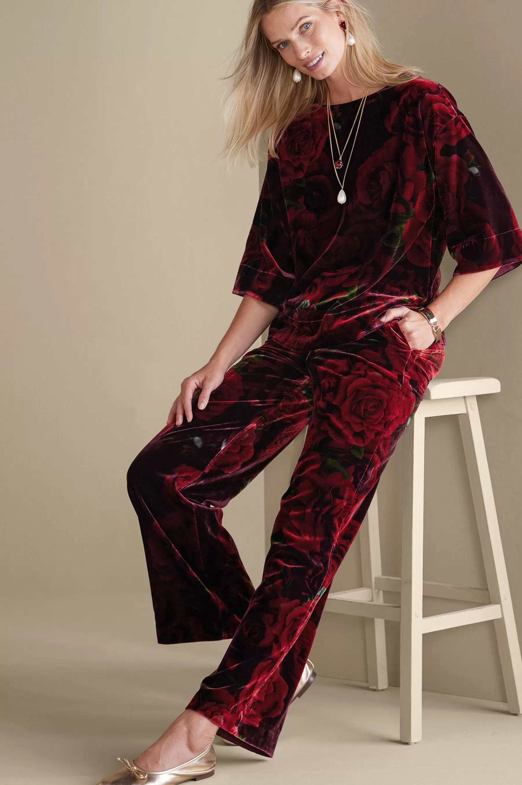 EVelvet Styles | full length-Soft Surroundings Aria Velvet Wide Leg Pants Cabernet