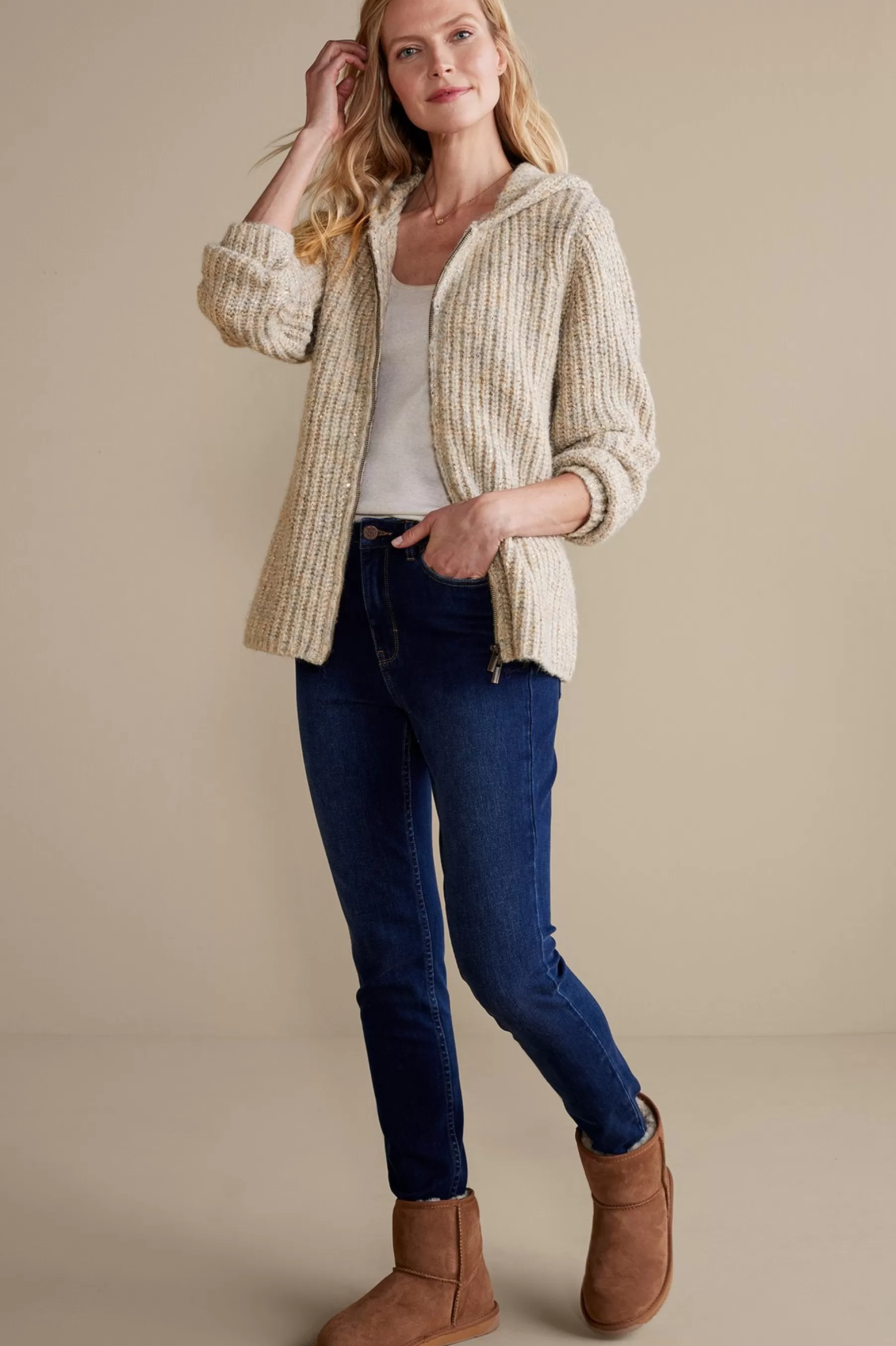 Everyday Styles | Sweaters & Cardigans-Soft Surroundings Chandra Sequin Cardigan Neutral Sequin