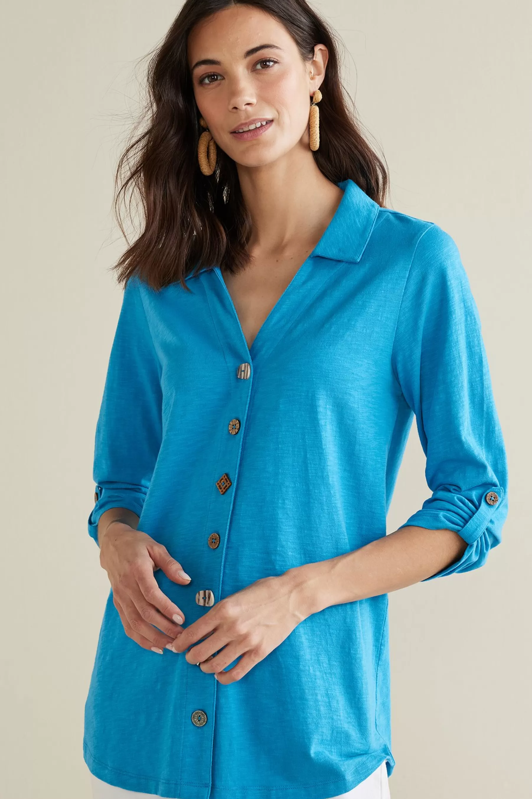 Vacation Shop | three quarter length-Soft Surroundings Danielle 3/4 Sleeve Tunic Rose Violet