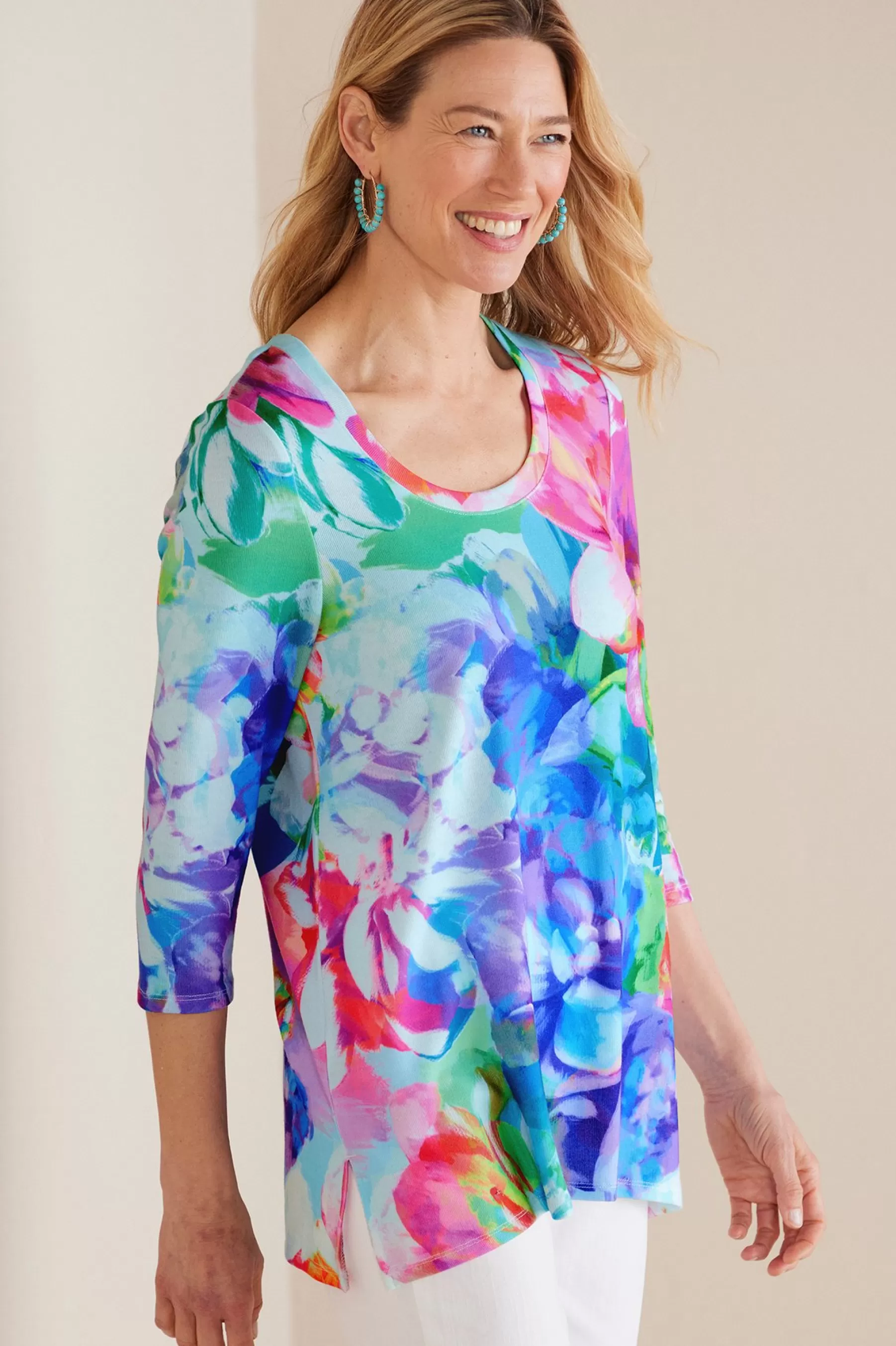 three quarter length | pullovers-Soft Surroundings Darcy Tunic Pink Spring Floral