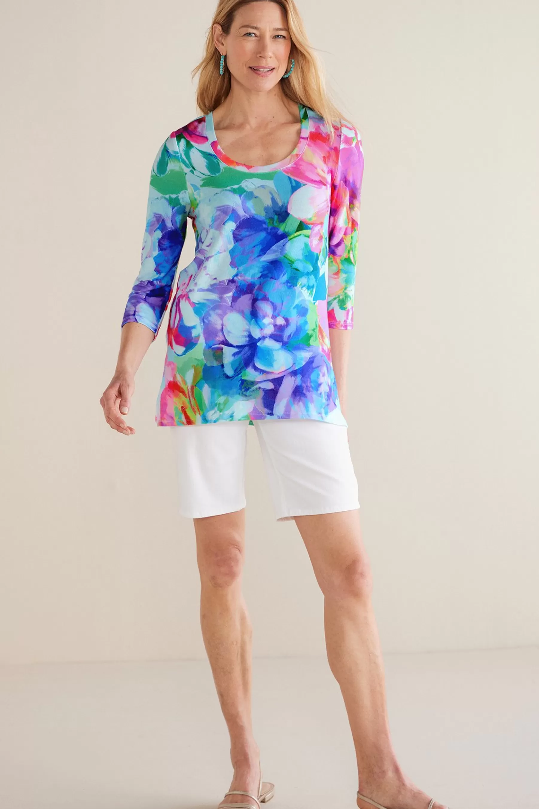 three quarter length | pullovers-Soft Surroundings Darcy Tunic Pink Spring Floral