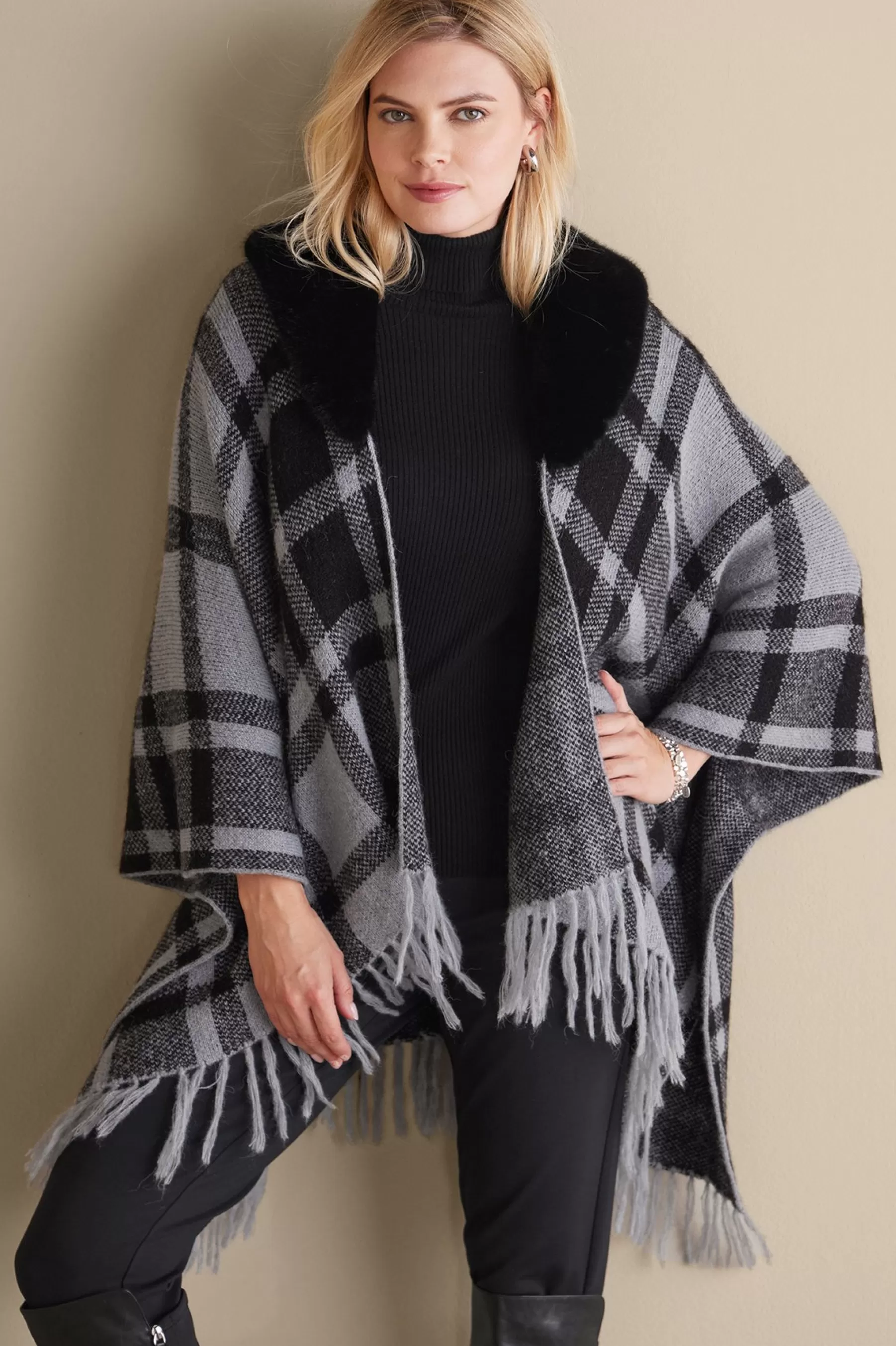 Scarves & Wraps-Soft Surroundings Demetria Plaid Poncho with Fur Collar Black/Dark Grey