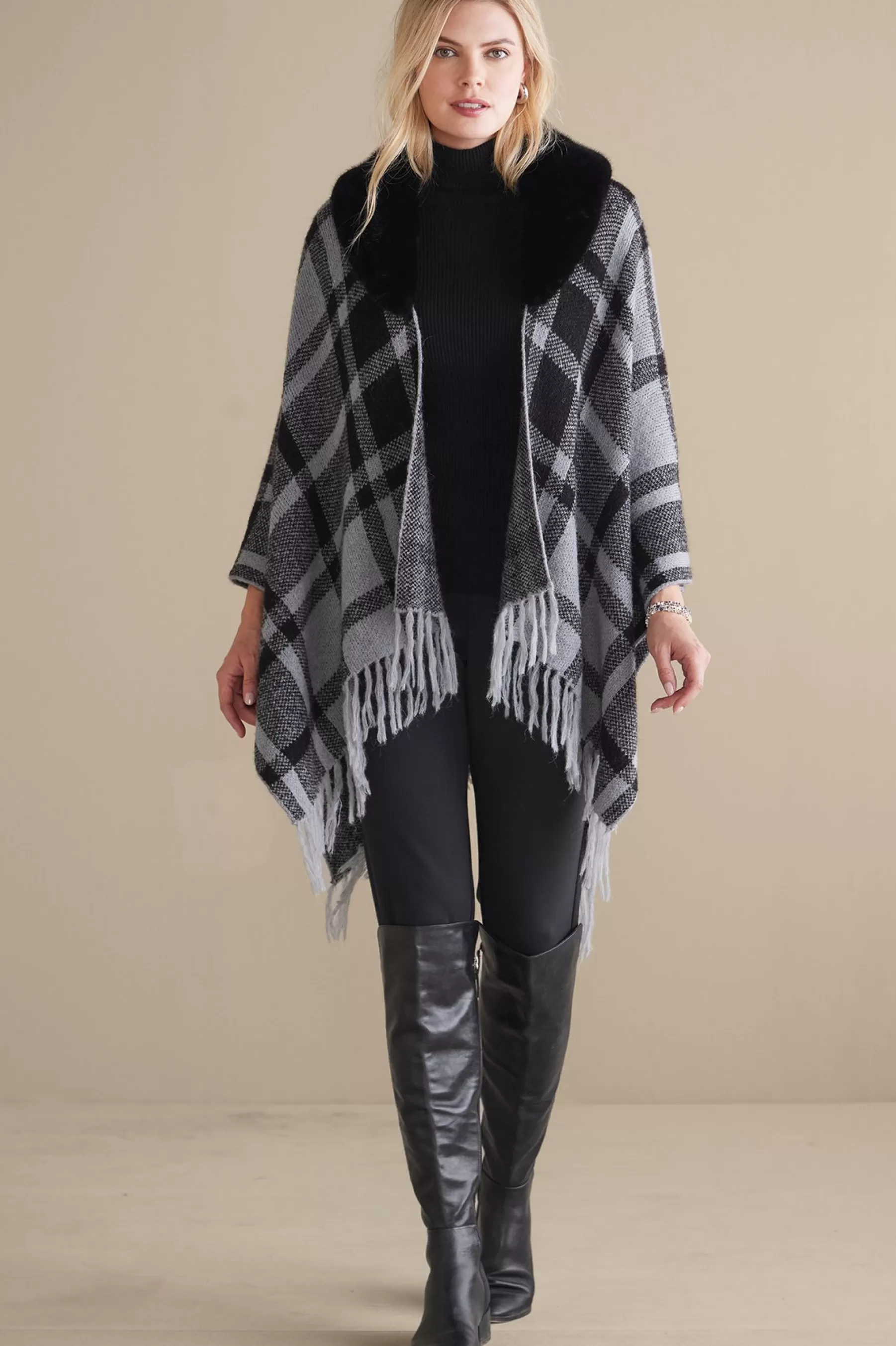 Scarves & Wraps-Soft Surroundings Demetria Plaid Poncho with Fur Collar Black/Dark Grey