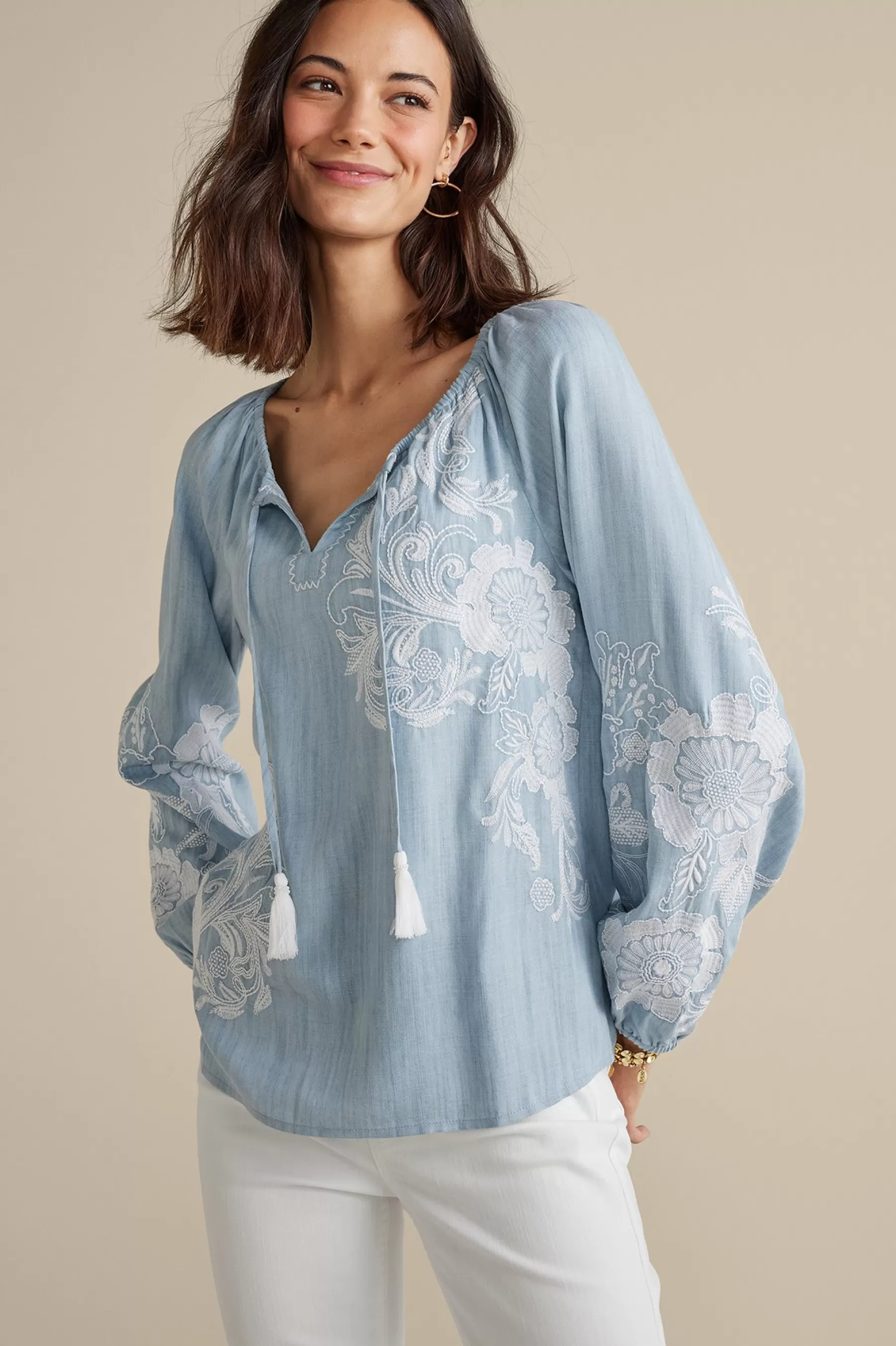 Feminine Flourish | Into The Blues-Soft Surroundings Diya Embroidered TENCEL™ Peasant Top Light Chambray