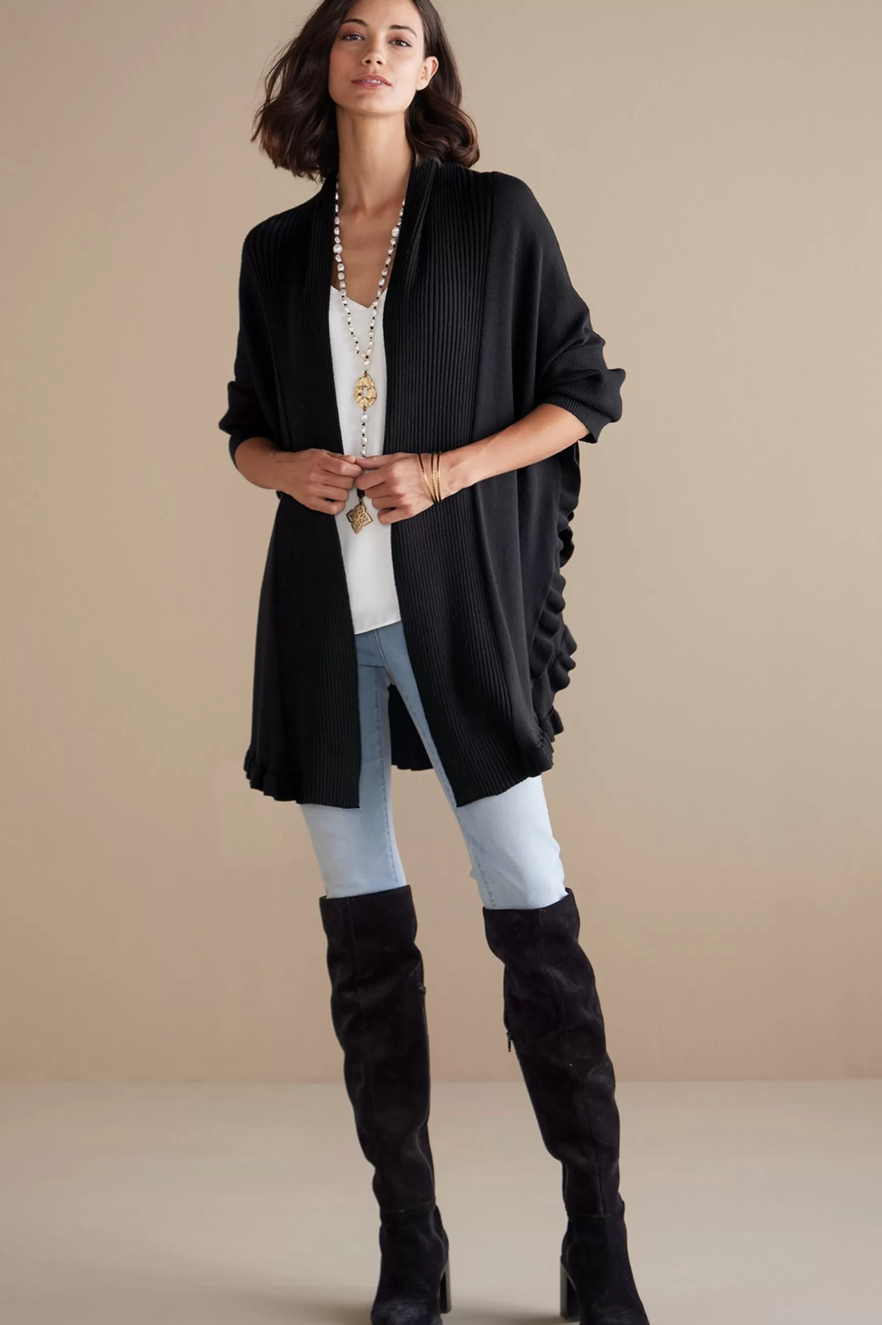 Scarves & Wraps | Feminine Flourish-Soft Surroundings Draped Ruffle Cardigan Noire