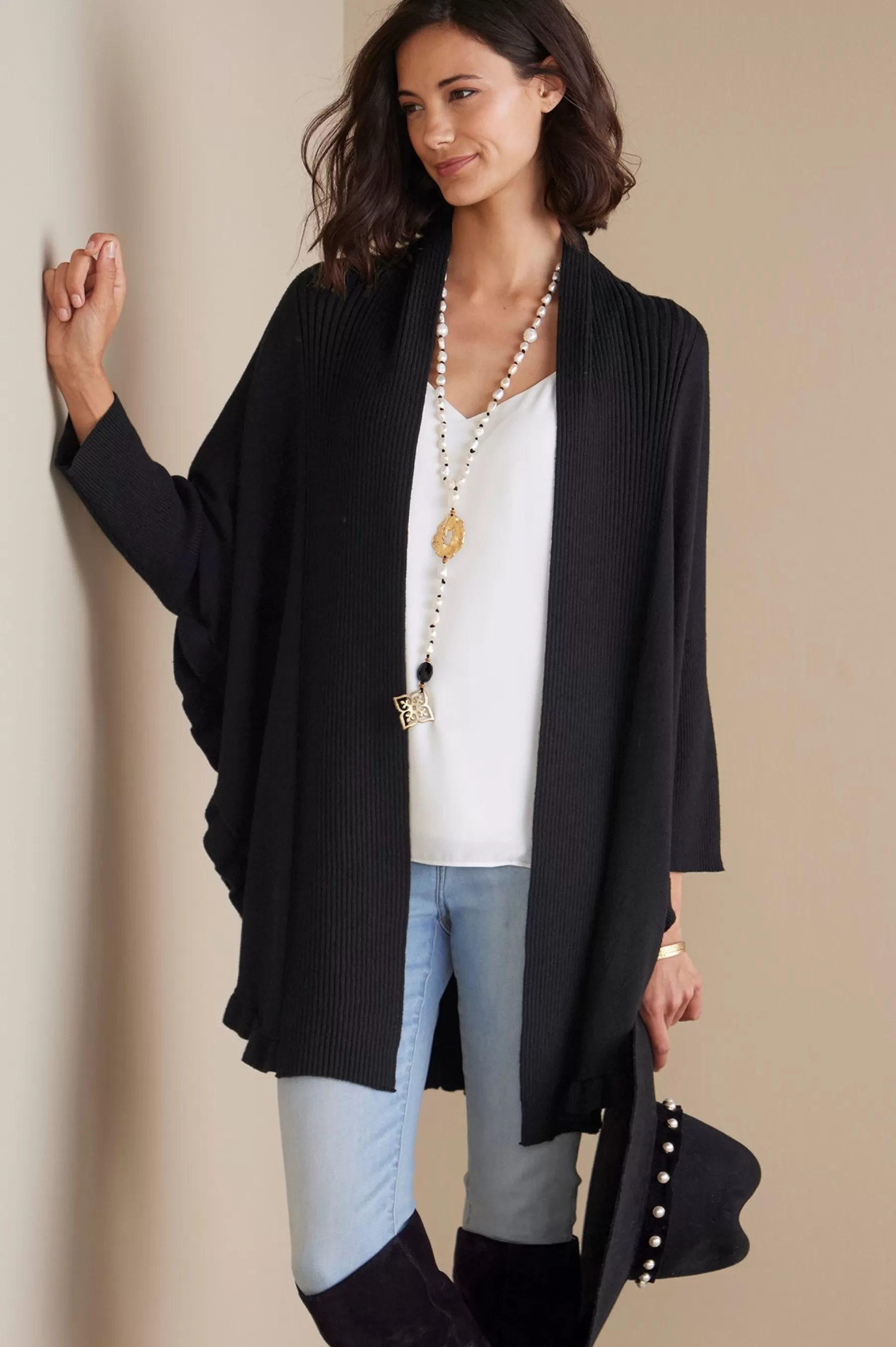 Scarves & Wraps | Feminine Flourish-Soft Surroundings Draped Ruffle Cardigan Noire