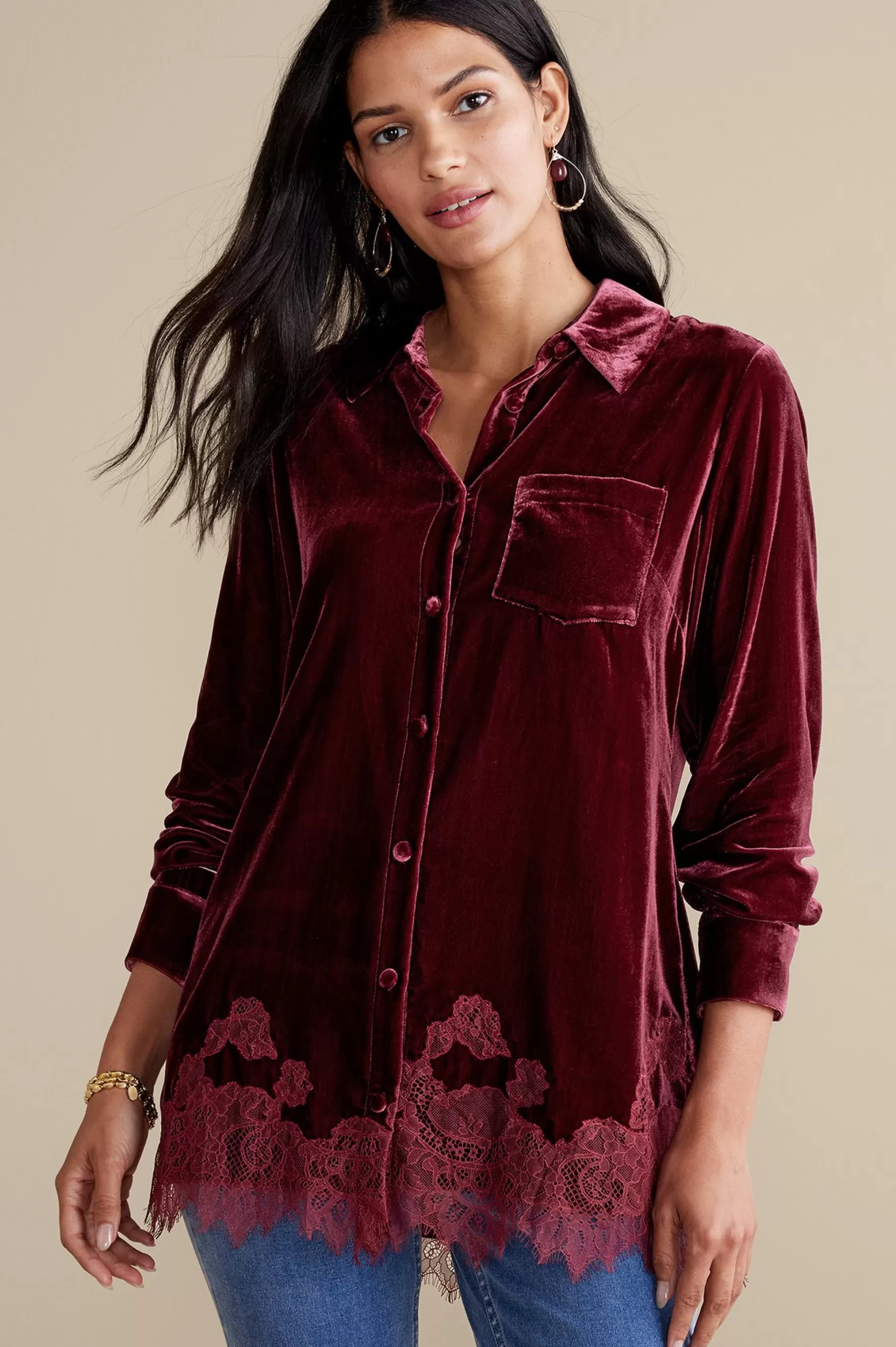 Everyday Styles | EVelvet Styles-Soft Surroundings Eden Velvet & Lace Shirt Cabernet