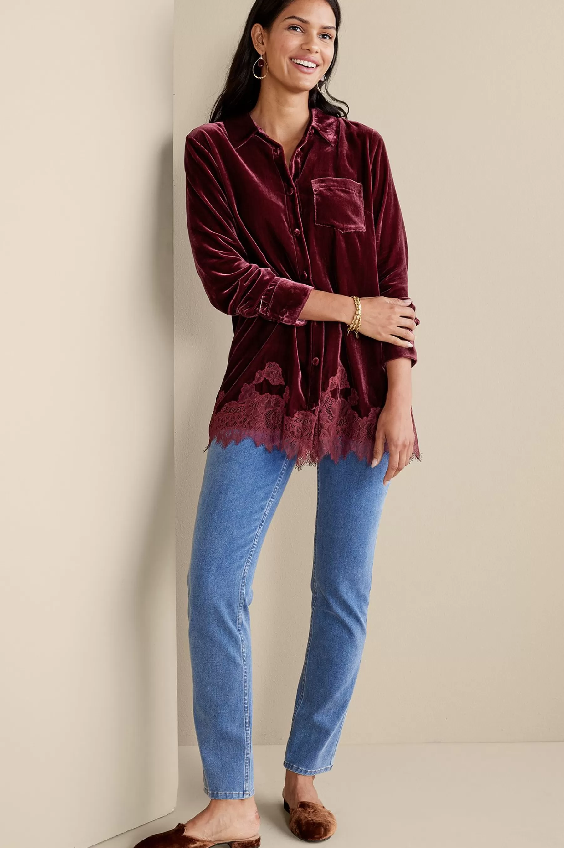 Everyday Styles | EVelvet Styles-Soft Surroundings Eden Velvet & Lace Shirt Cabernet