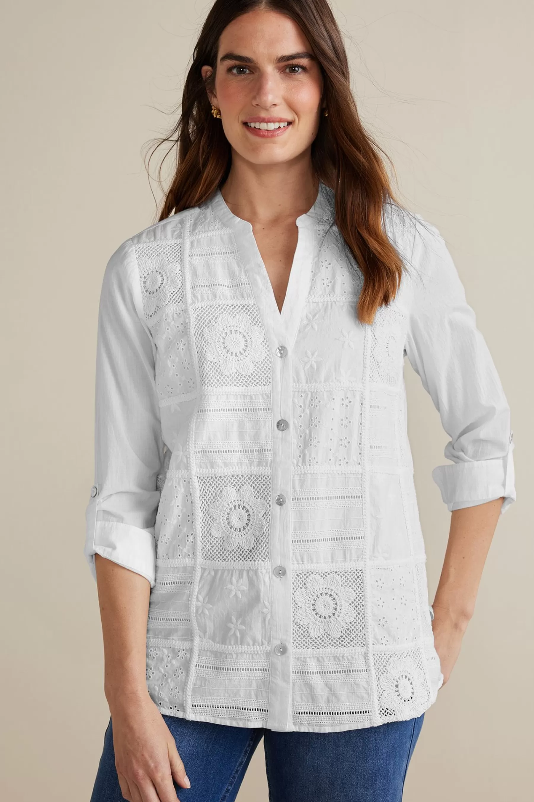 long sleeve | shirts-Soft Surroundings Eleanor Crochet Shirt White