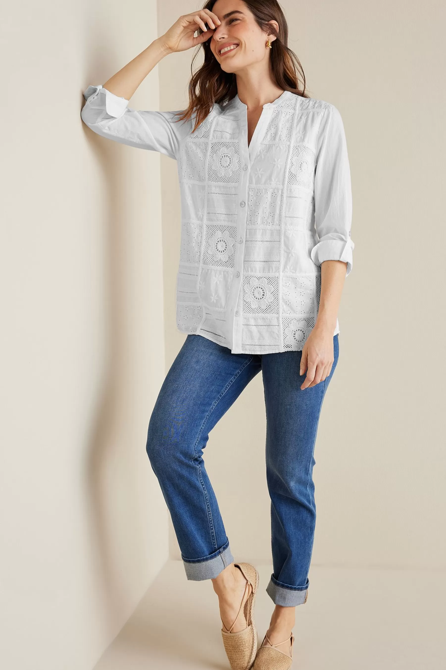 long sleeve | shirts-Soft Surroundings Eleanor Crochet Shirt White