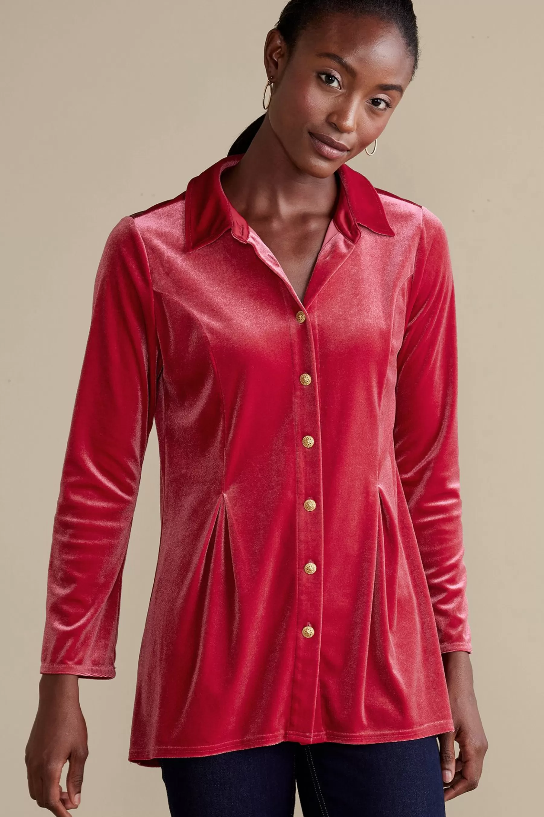 EVelvet Styles | long sleeve-Soft Surroundings Enchanted Velvet Shirt Sangria Red