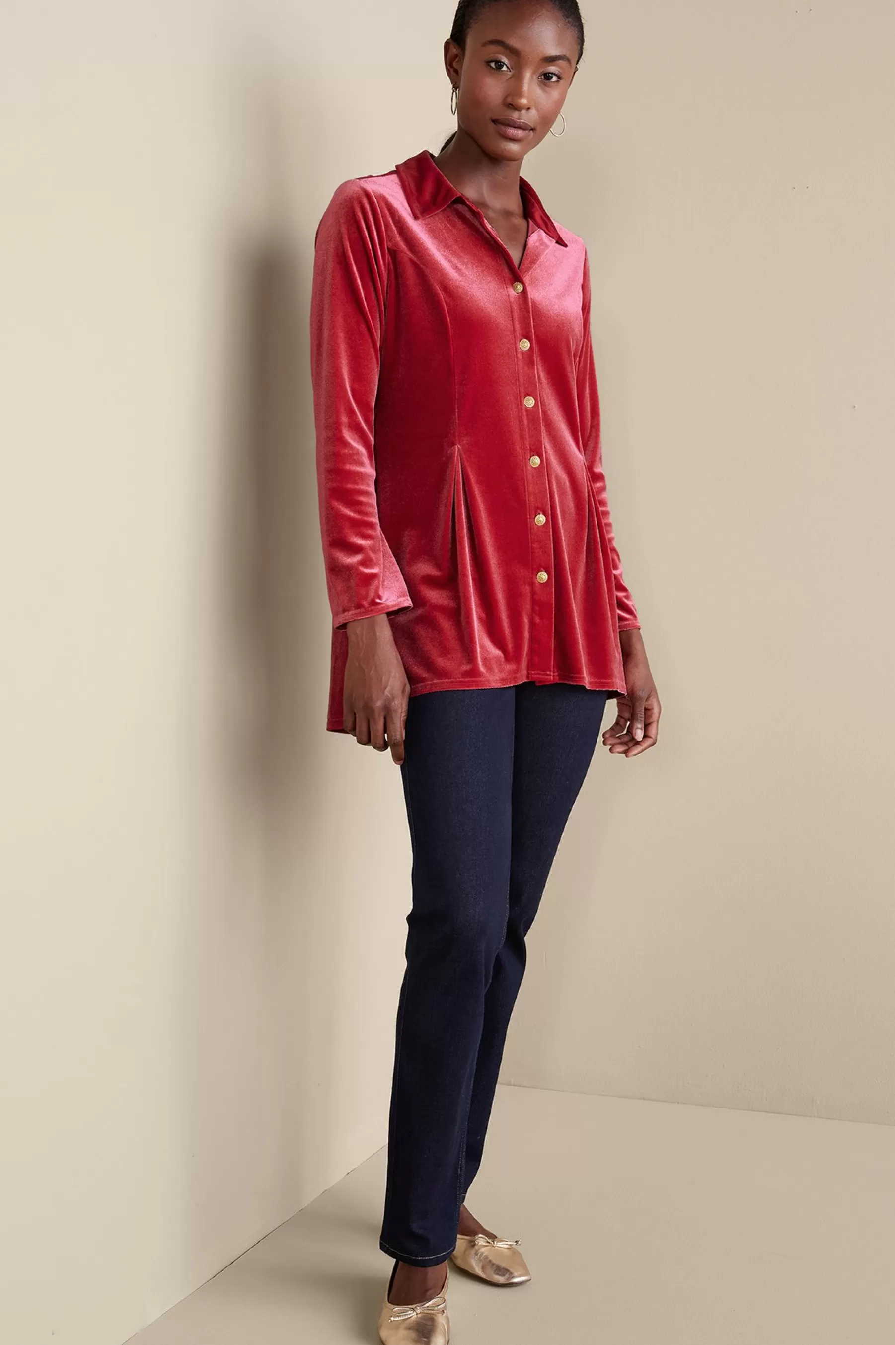 EVelvet Styles | long sleeve-Soft Surroundings Enchanted Velvet Shirt Sangria Red