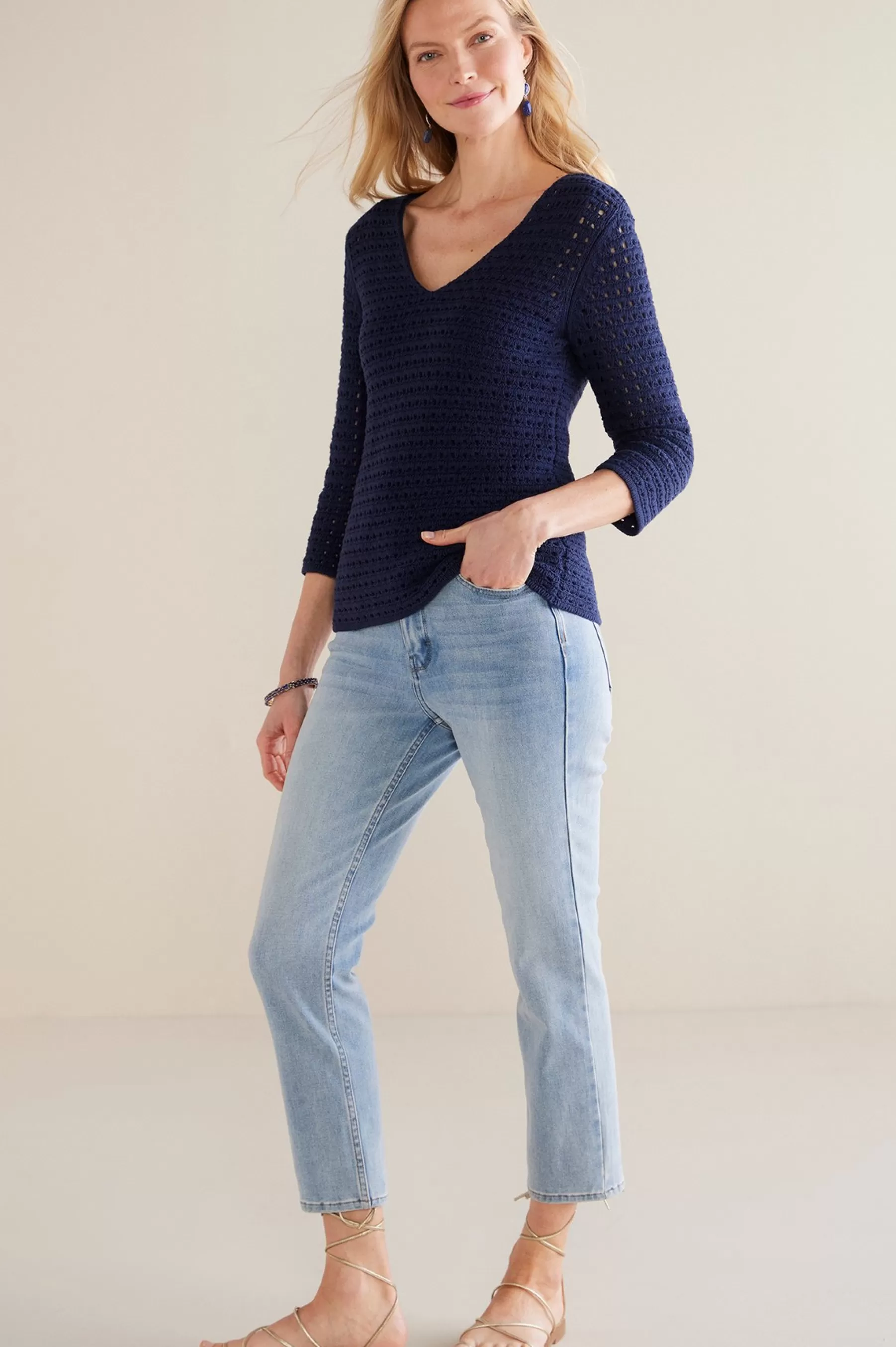 Sweaters & Cardigans | three quarter length-Soft Surroundings Estrella Sweater Navy