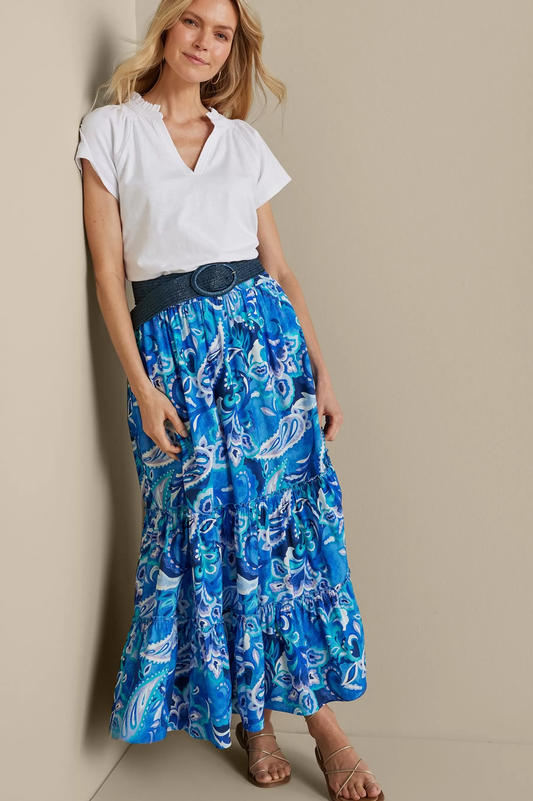 Feminine Flourish | Vacation Shop-Soft Surroundings Feyre Maxi Skirt Island Sun Paisley Blue