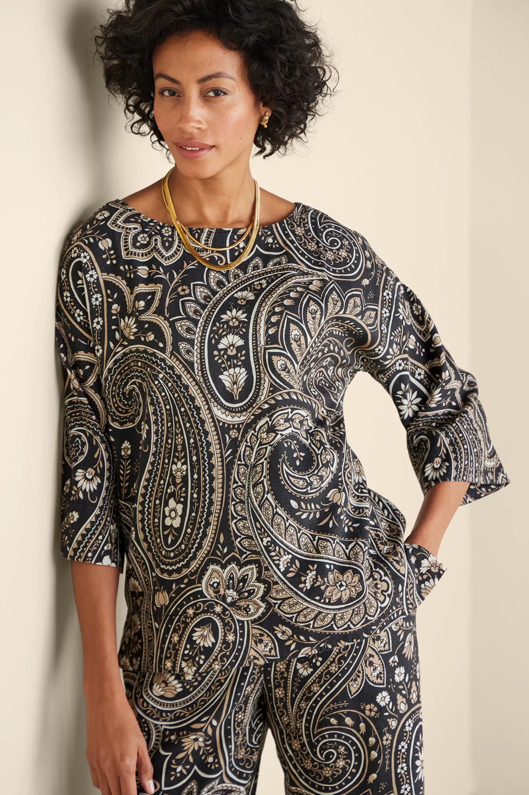 Vacation Shop | three quarter length-Soft Surroundings Fleur Top Global Paisley