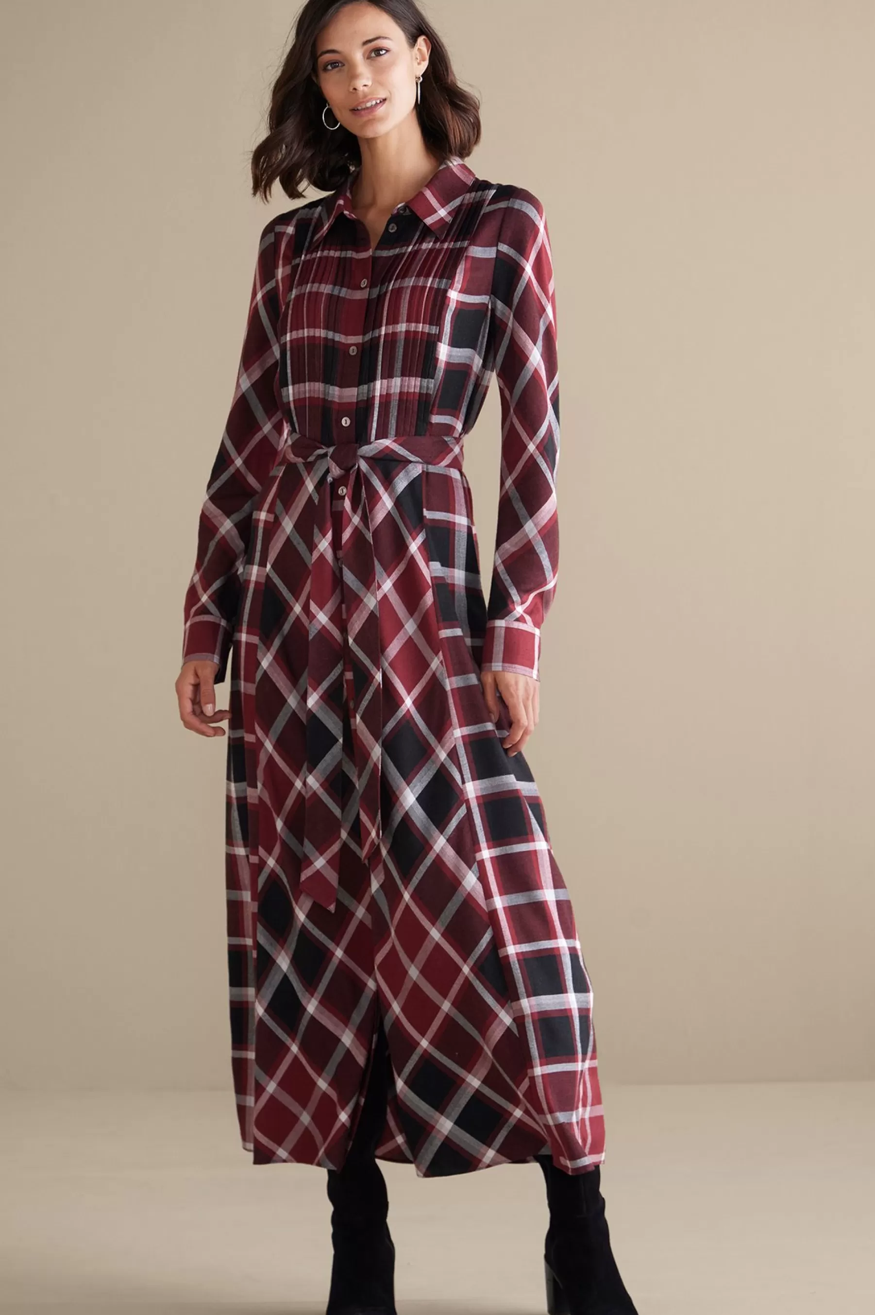 Everyday Styles | patterned-Soft Surroundings Gayle Tartan Dress Cabernet