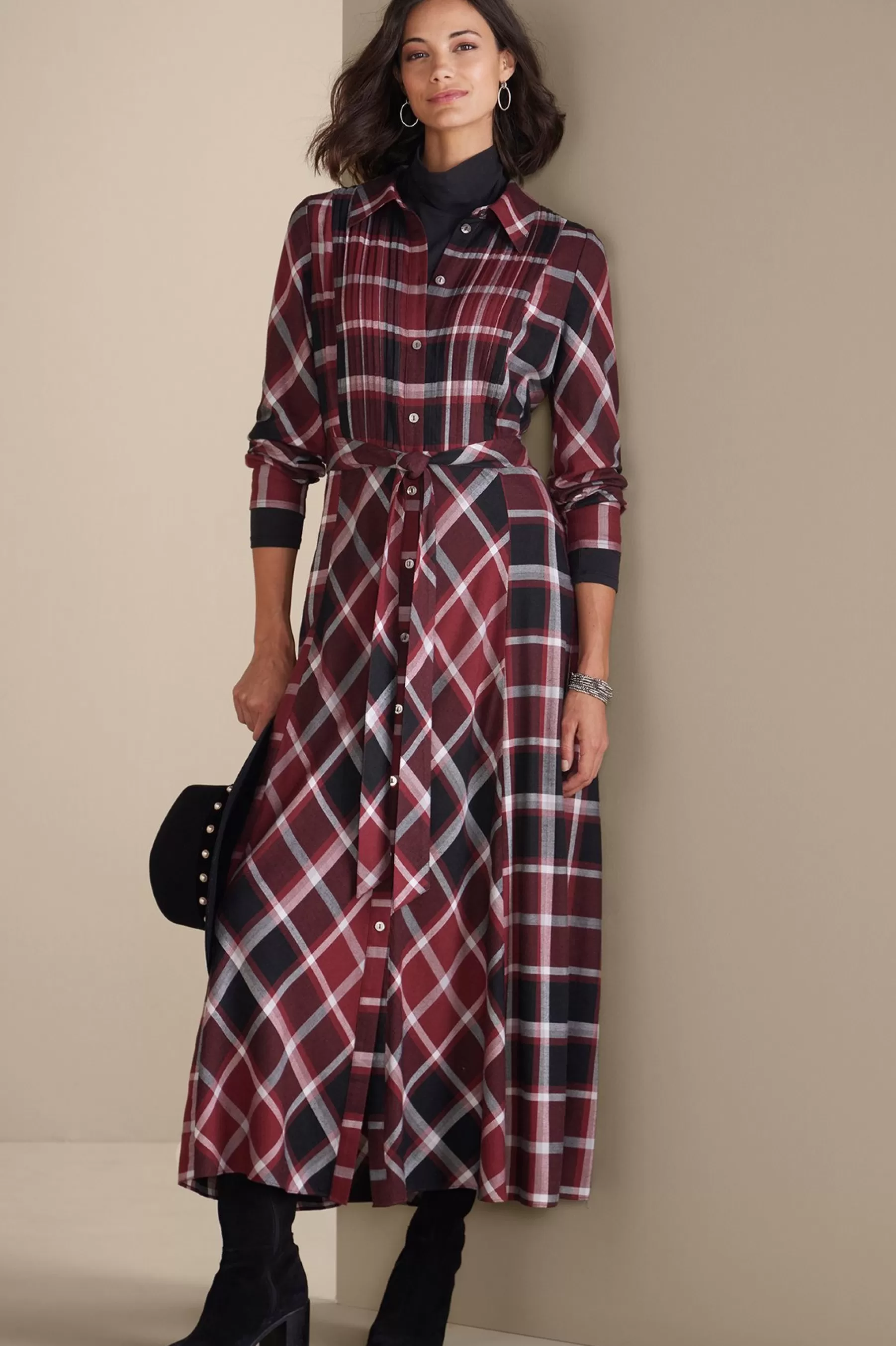 Everyday Styles | patterned-Soft Surroundings Gayle Tartan Dress Cabernet