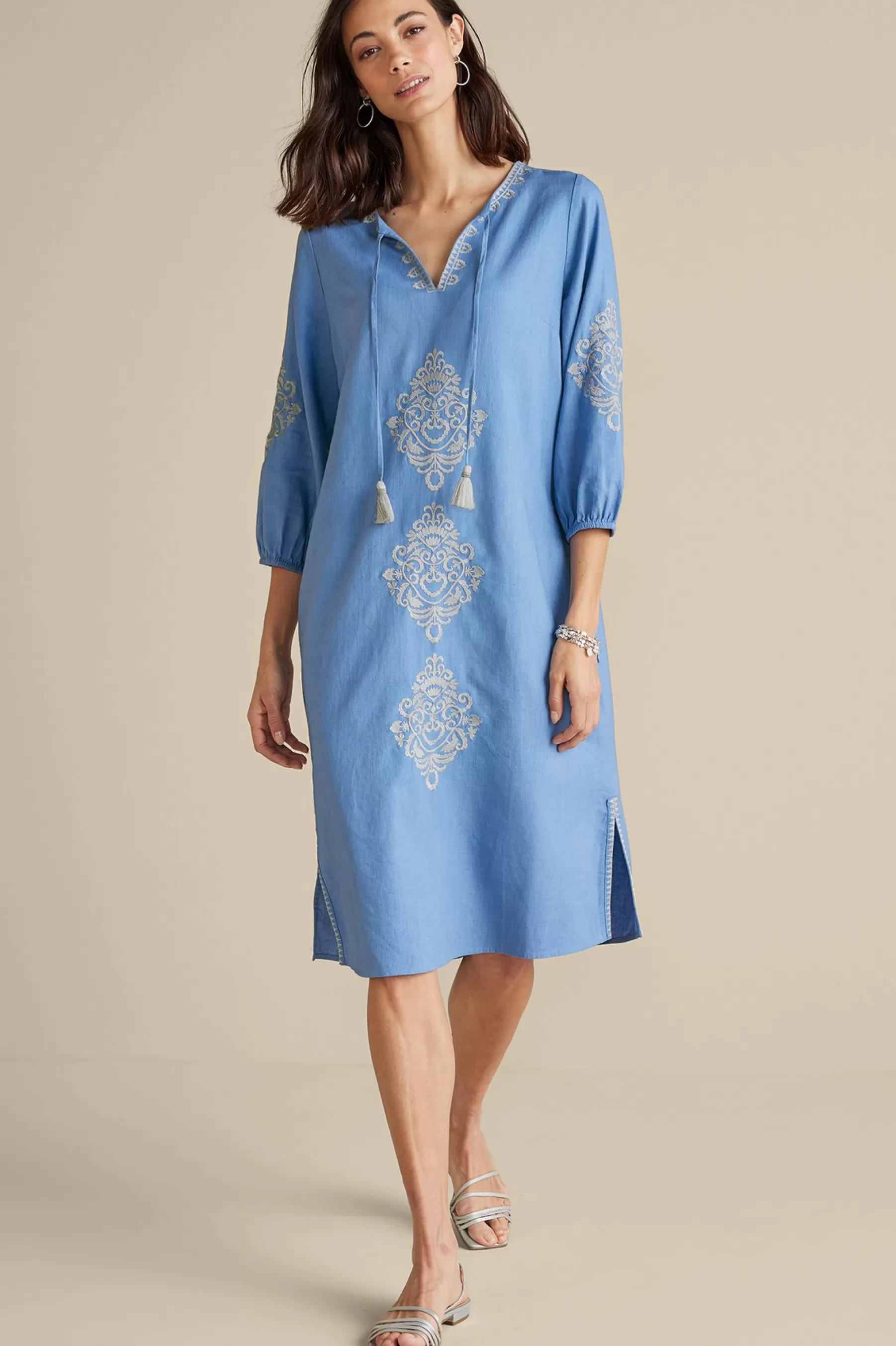 Feminine Flourish | Into The Blues-Soft Surroundings Hasana Linen Blend Midi Dress Riverside Blue