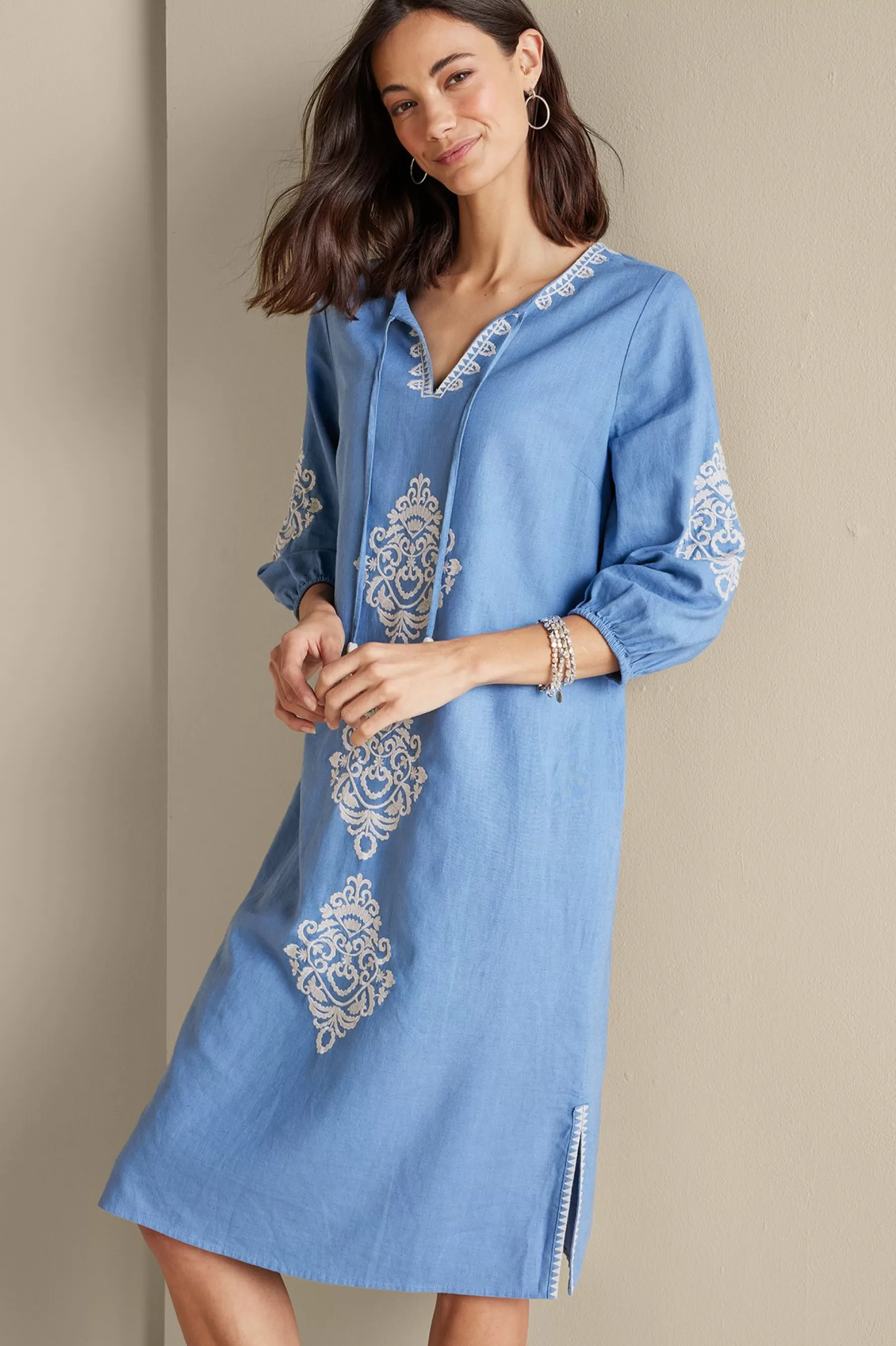 Feminine Flourish | Into The Blues-Soft Surroundings Hasana Linen Blend Midi Dress Riverside Blue