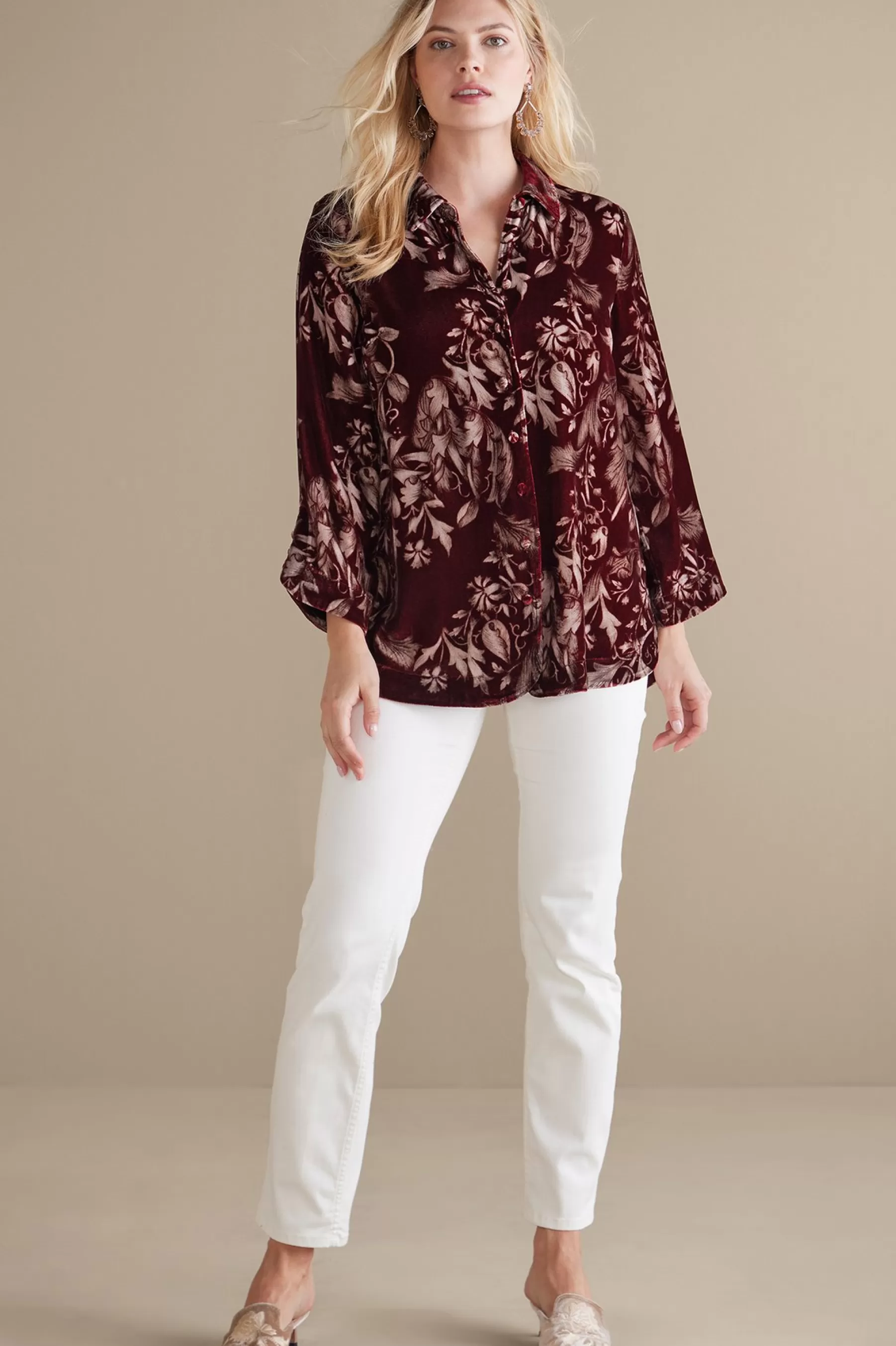 EVelvet Styles | elbow length-Soft Surroundings Icon Silk Velvet Poets Shirt Red Floral