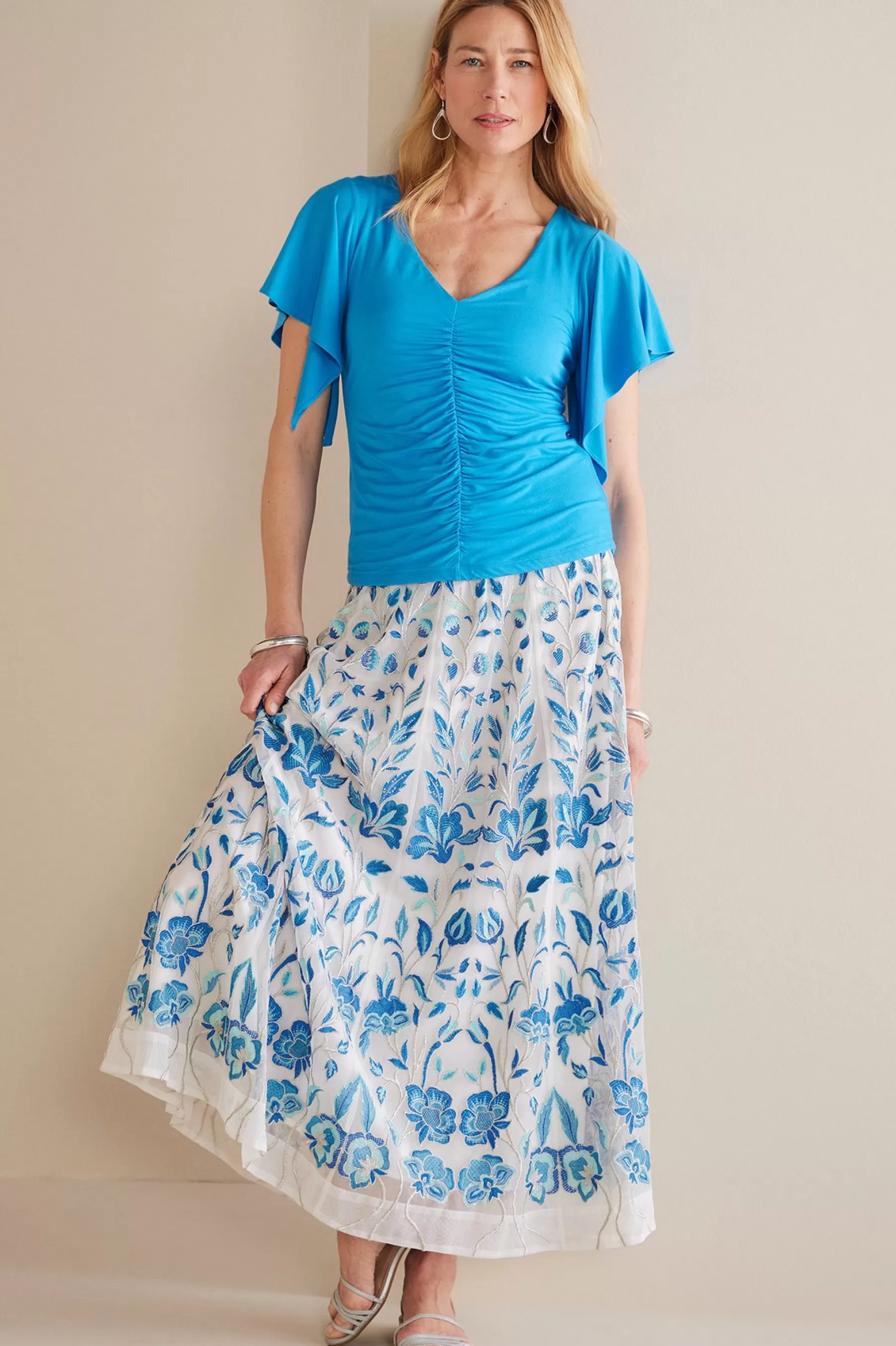 Skirts-Soft Surroundings Imani Maxi Skirt Blue Dream Embroidery