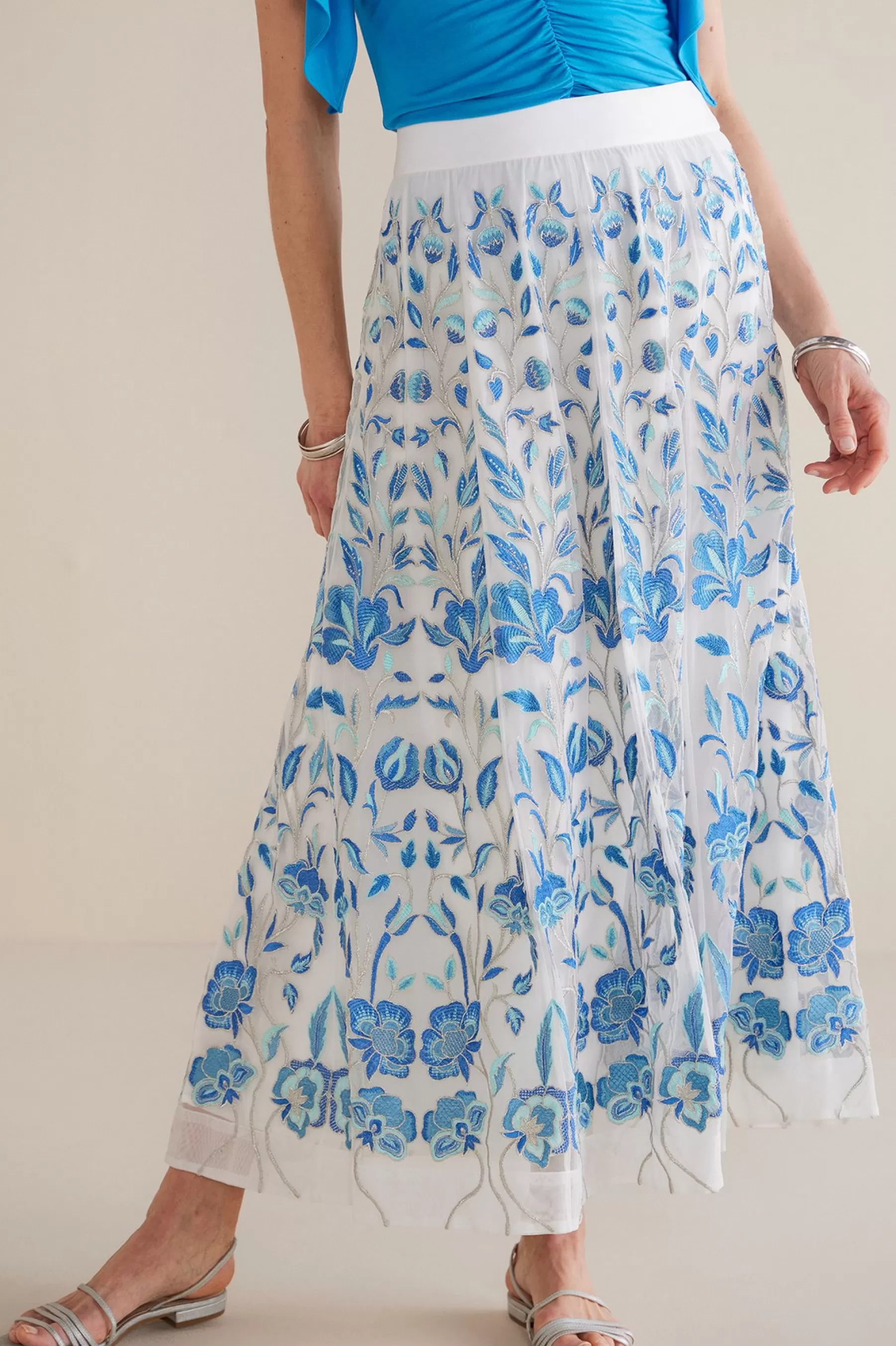 Skirts-Soft Surroundings Imani Maxi Skirt Blue Dream Embroidery