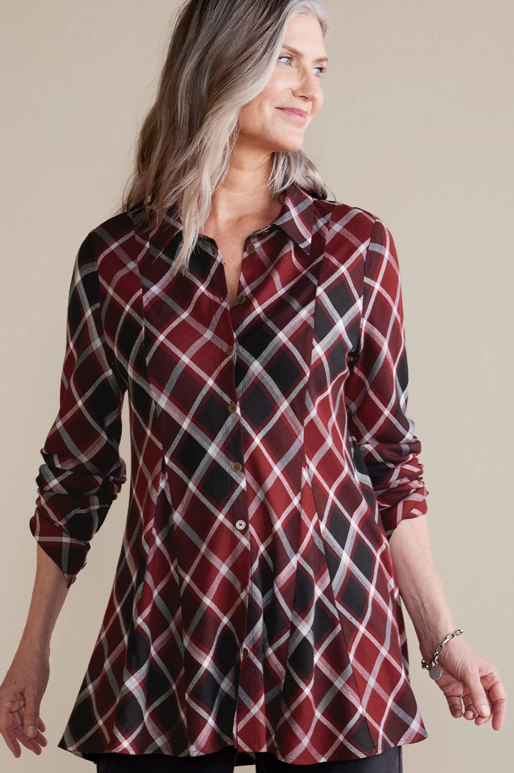 Everyday Styles | long sleeve-Soft Surroundings Joelle Plaid Tunic Cabernet Plaid