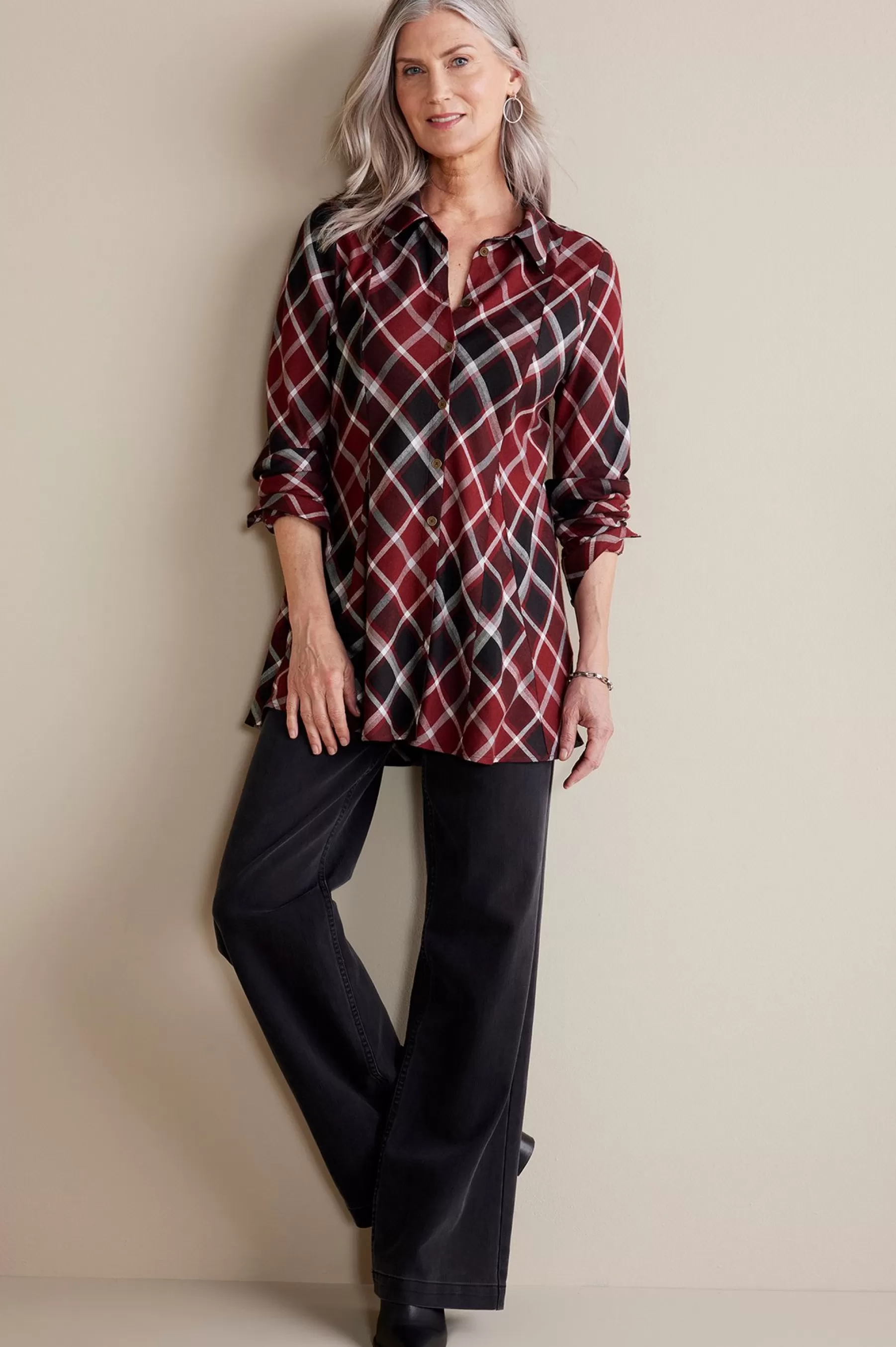 Everyday Styles | long sleeve-Soft Surroundings Joelle Plaid Tunic Cabernet Plaid