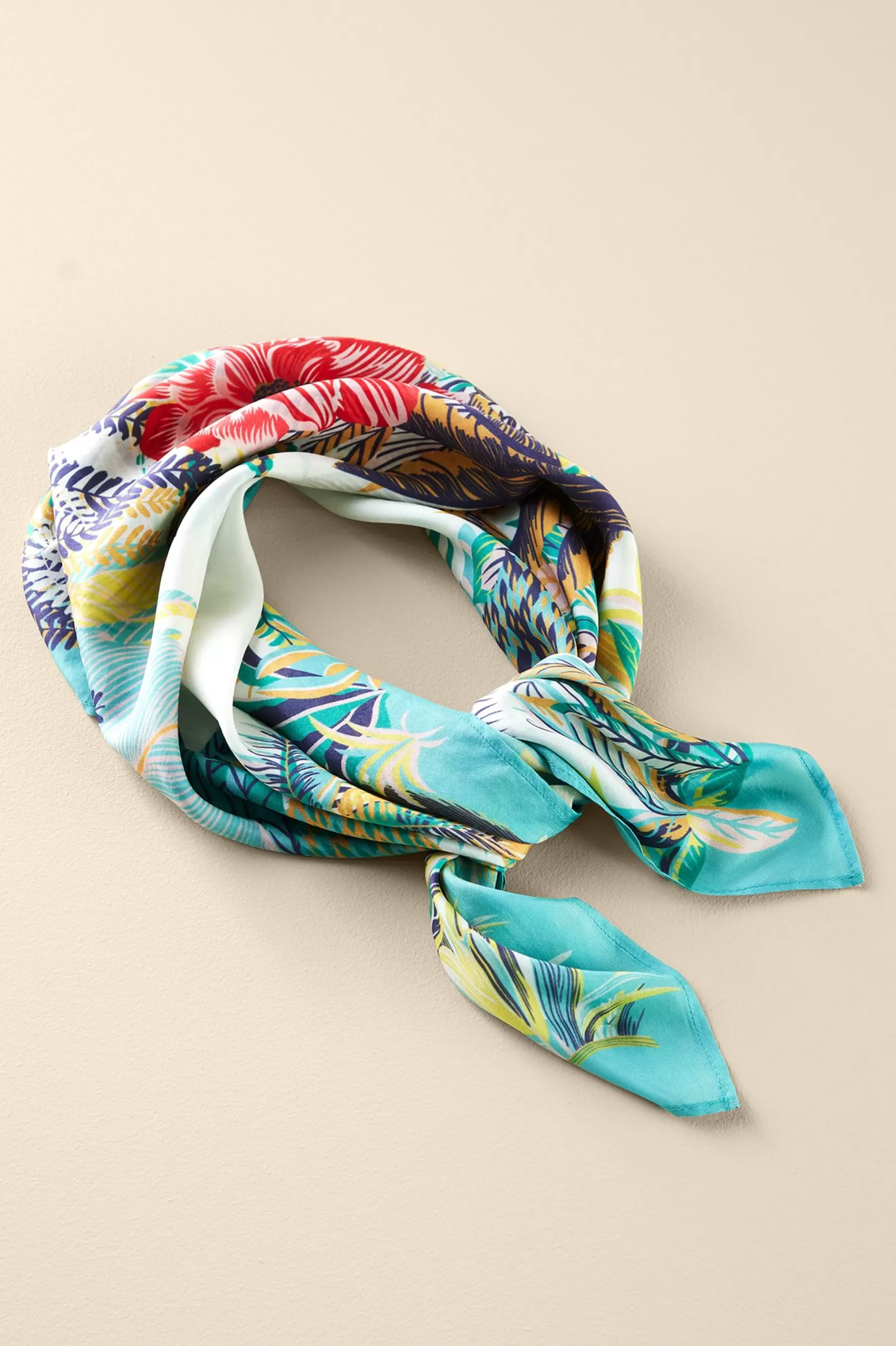 Scarves & Wraps-Soft Surroundings Jungle Leaves Silk Scarf Aqua Multi