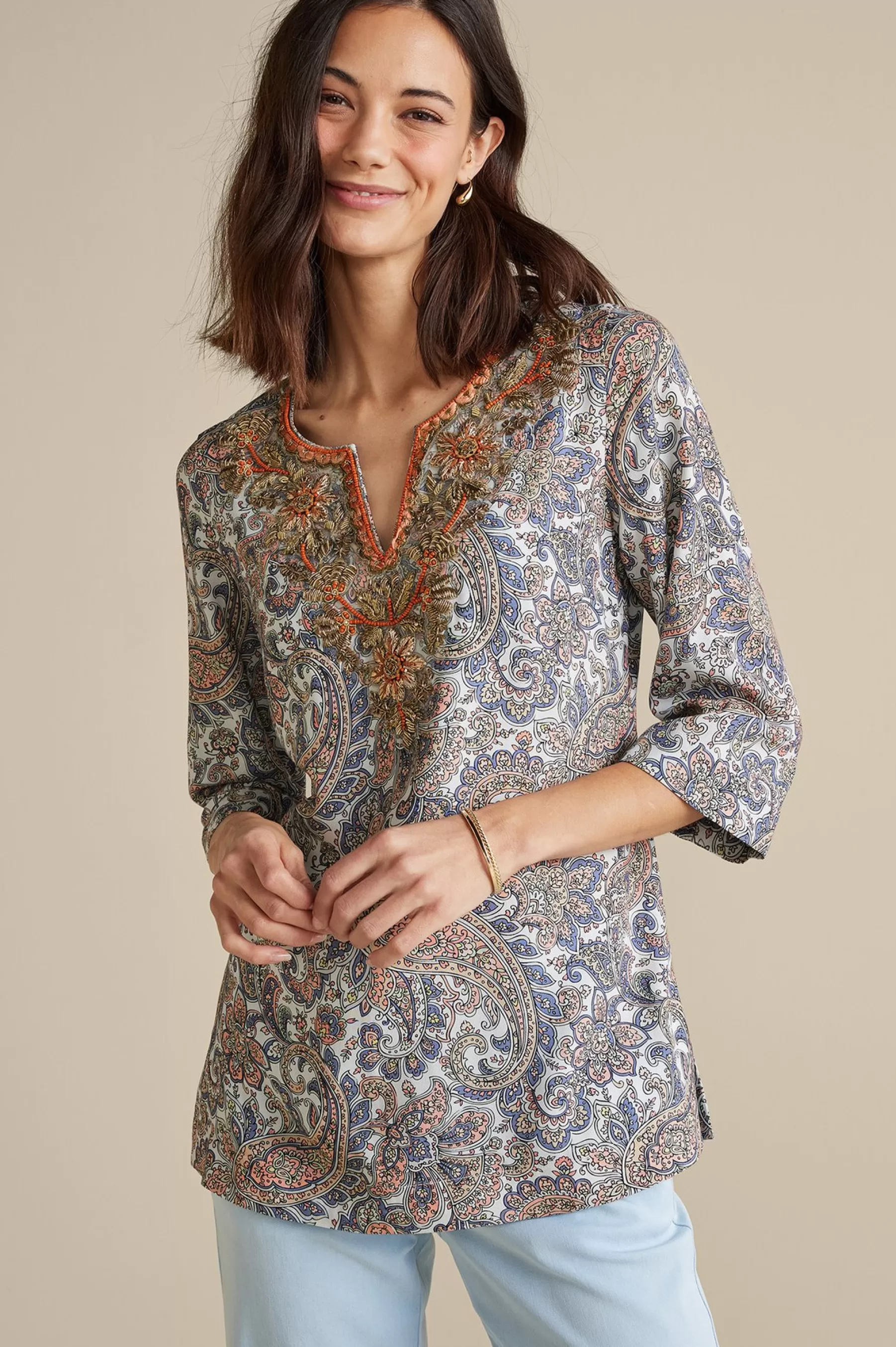 Global Artistry | long sleeve-Soft Surroundings Kaimana Embellished Tunic Spring Paisley