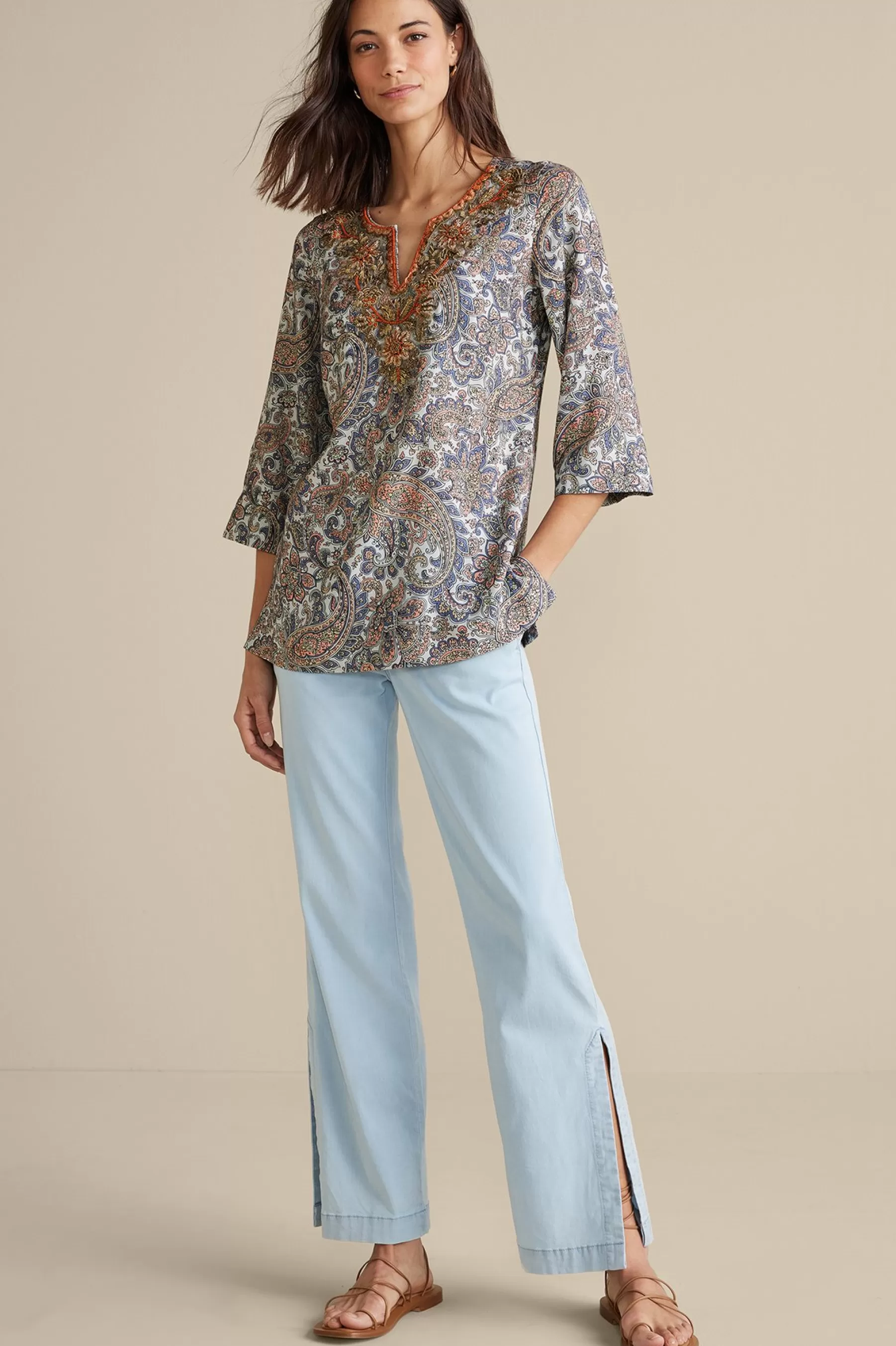 Global Artistry | long sleeve-Soft Surroundings Kaimana Embellished Tunic Spring Paisley