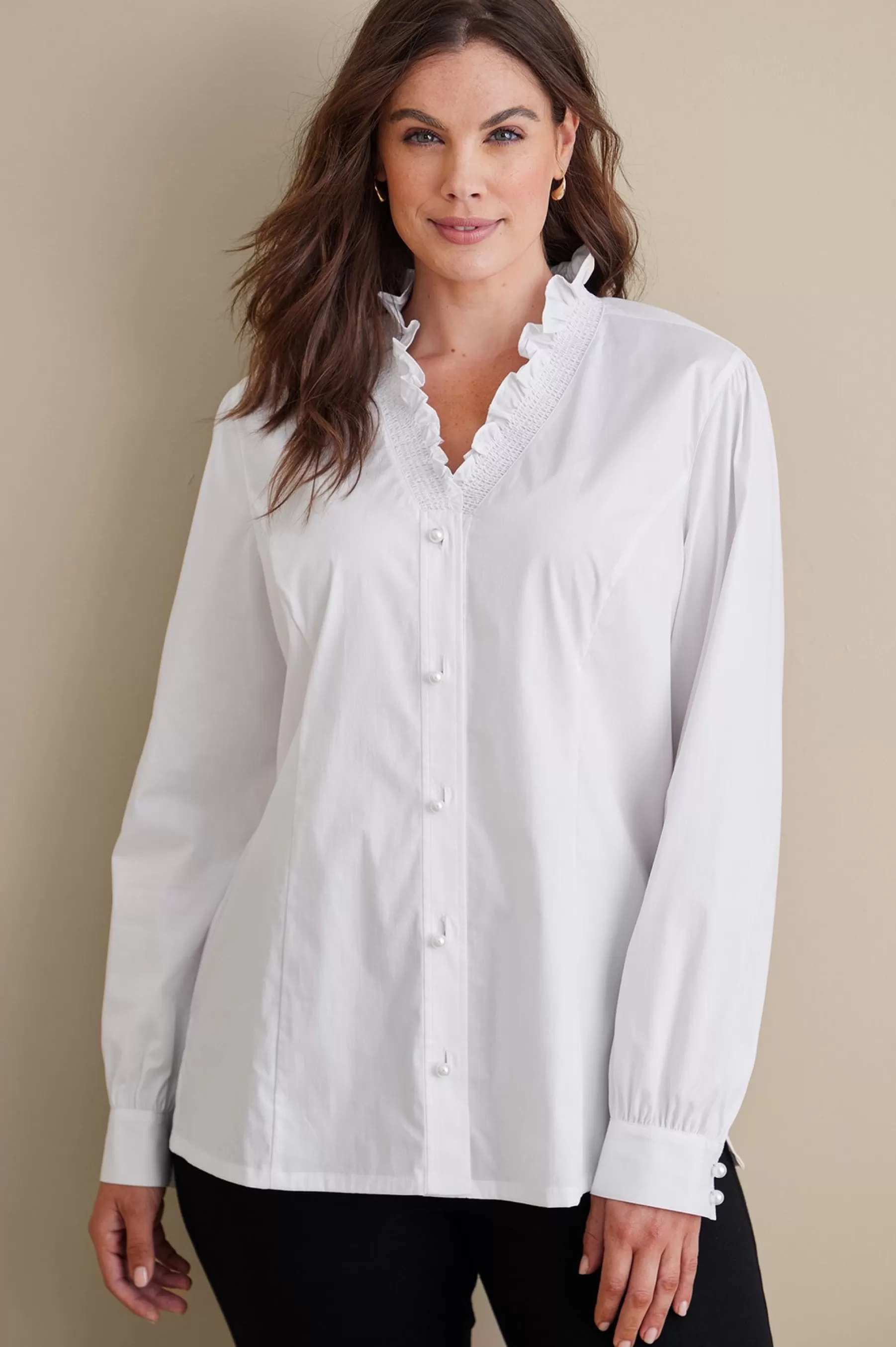 Feminine Flourish | long sleeve-Soft Surroundings Kata Ruffle Collar Shirt White