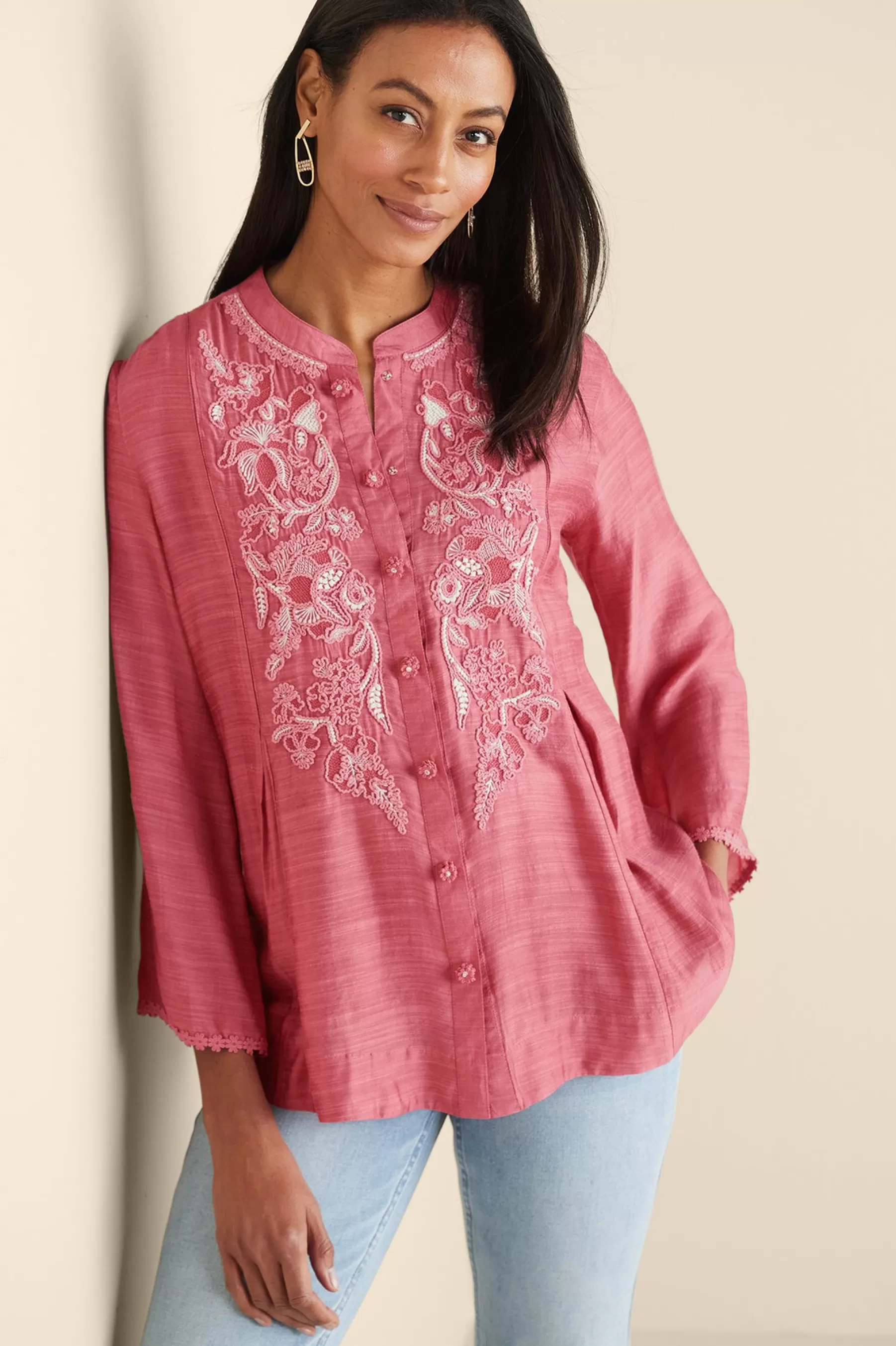 Feminine Flourish | Vacation Shop-Soft Surroundings Kateri Soutache Embroidered Top Fuchsia Pink