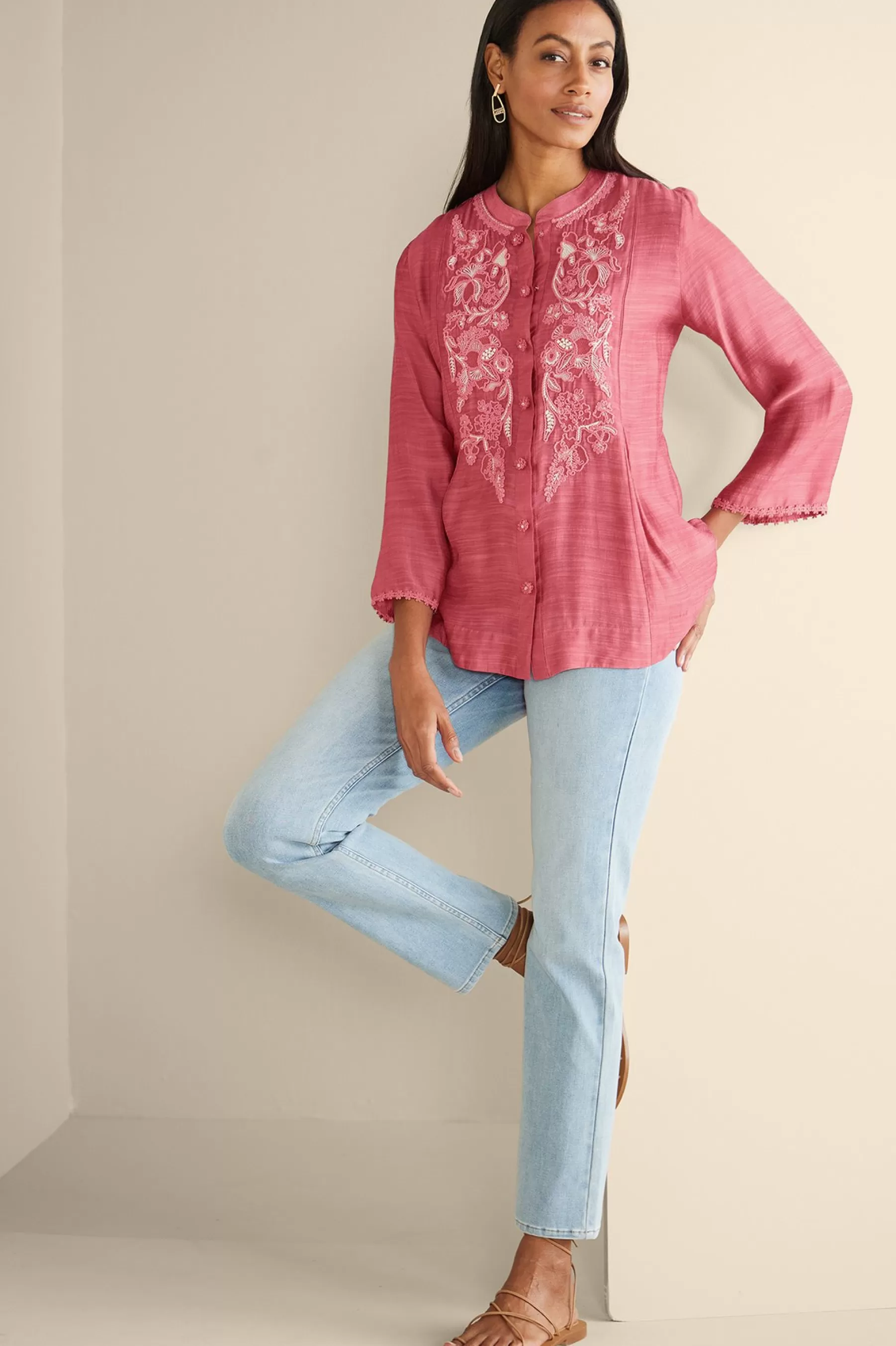 Feminine Flourish | Vacation Shop-Soft Surroundings Kateri Soutache Embroidered Top Fuchsia Pink