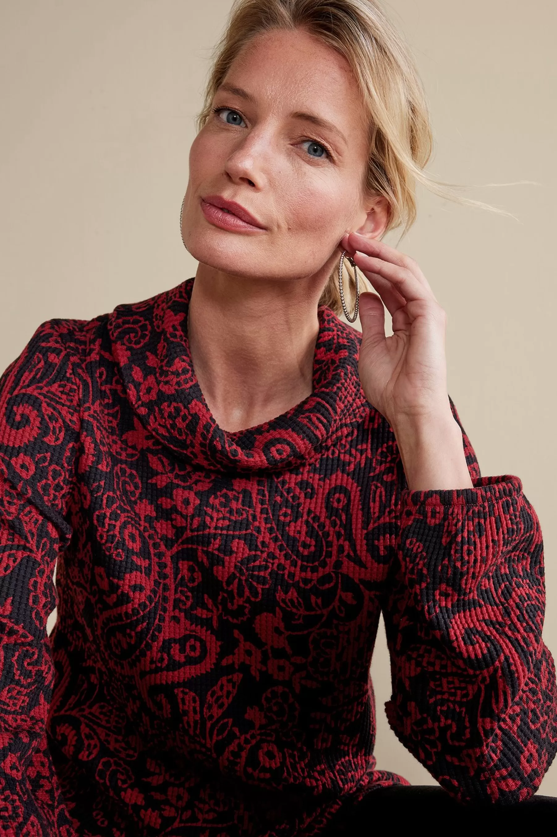 Everyday Styles | long sleeve-Soft Surroundings Kendra Waffle Top Red/Black Paisley