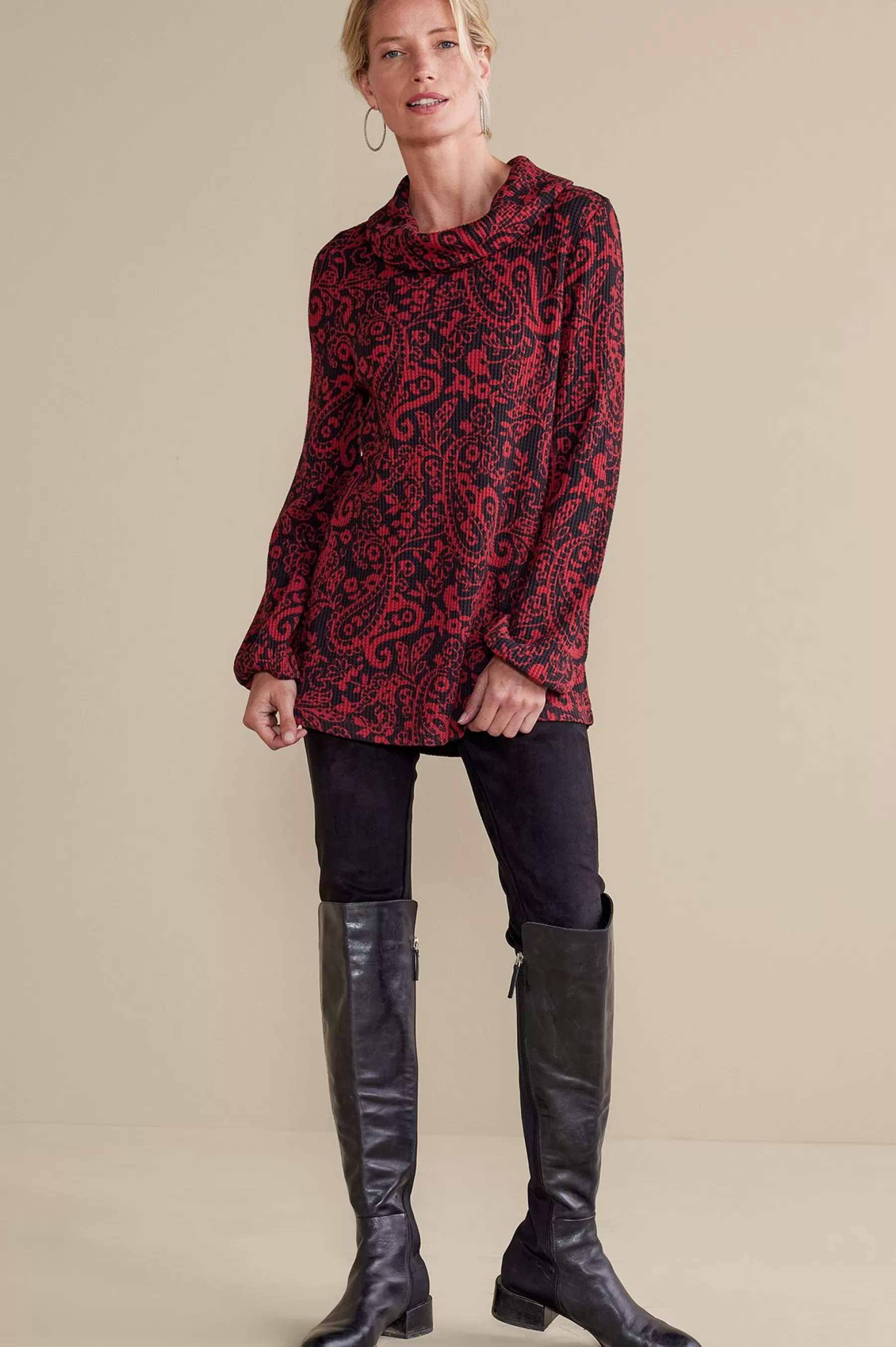 Everyday Styles | long sleeve-Soft Surroundings Kendra Waffle Top Red/Black Paisley