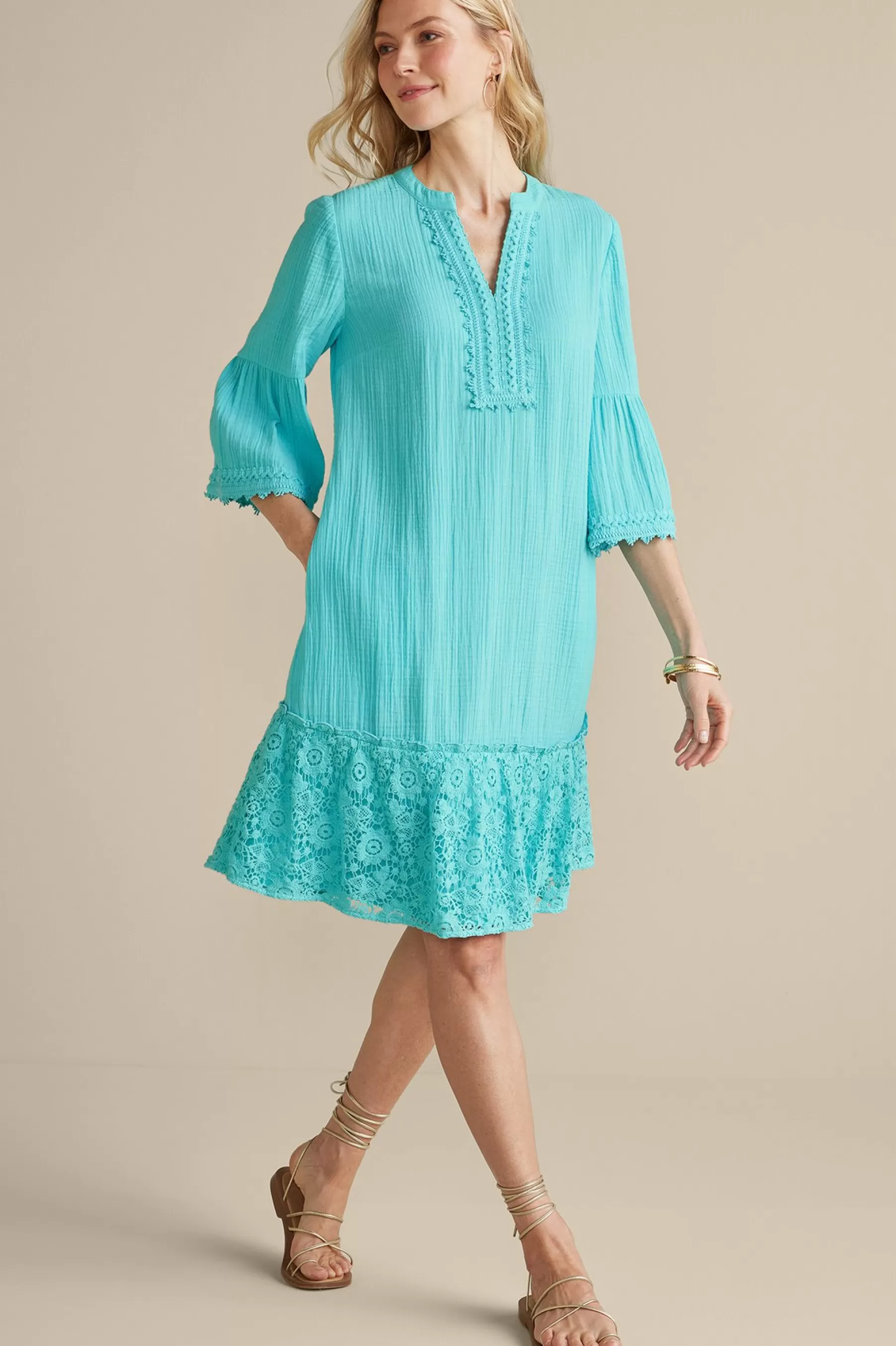 Into The Blues | Vacation Shop-Soft Surroundings Kiona Gauze Short Dress Hawaiian Aqua