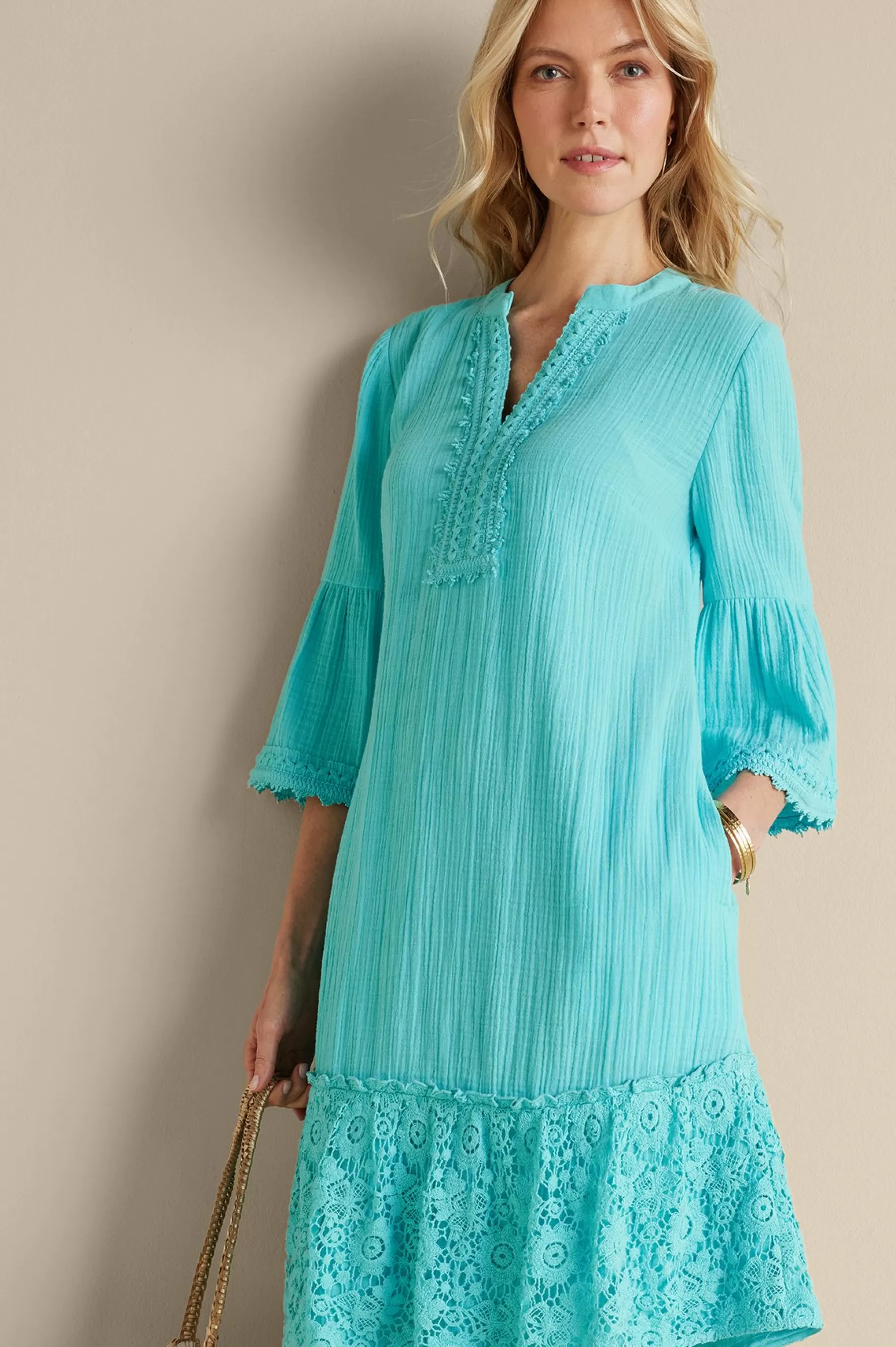 Into The Blues | Vacation Shop-Soft Surroundings Kiona Gauze Short Dress Hawaiian Aqua