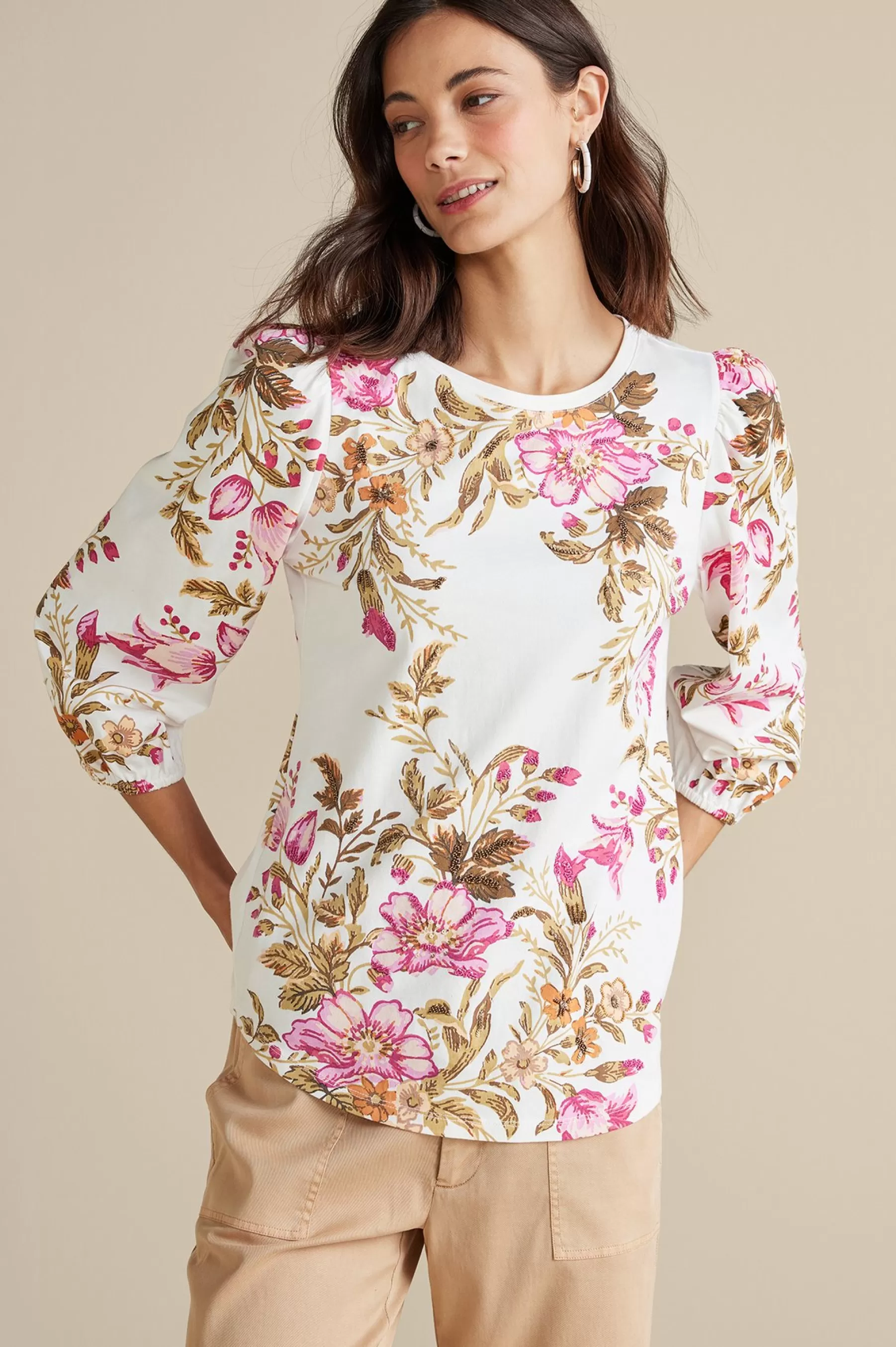 Feminine Flourish | three quarter length-Soft Surroundings Lesley Printed Top Painterly Peony Flowers