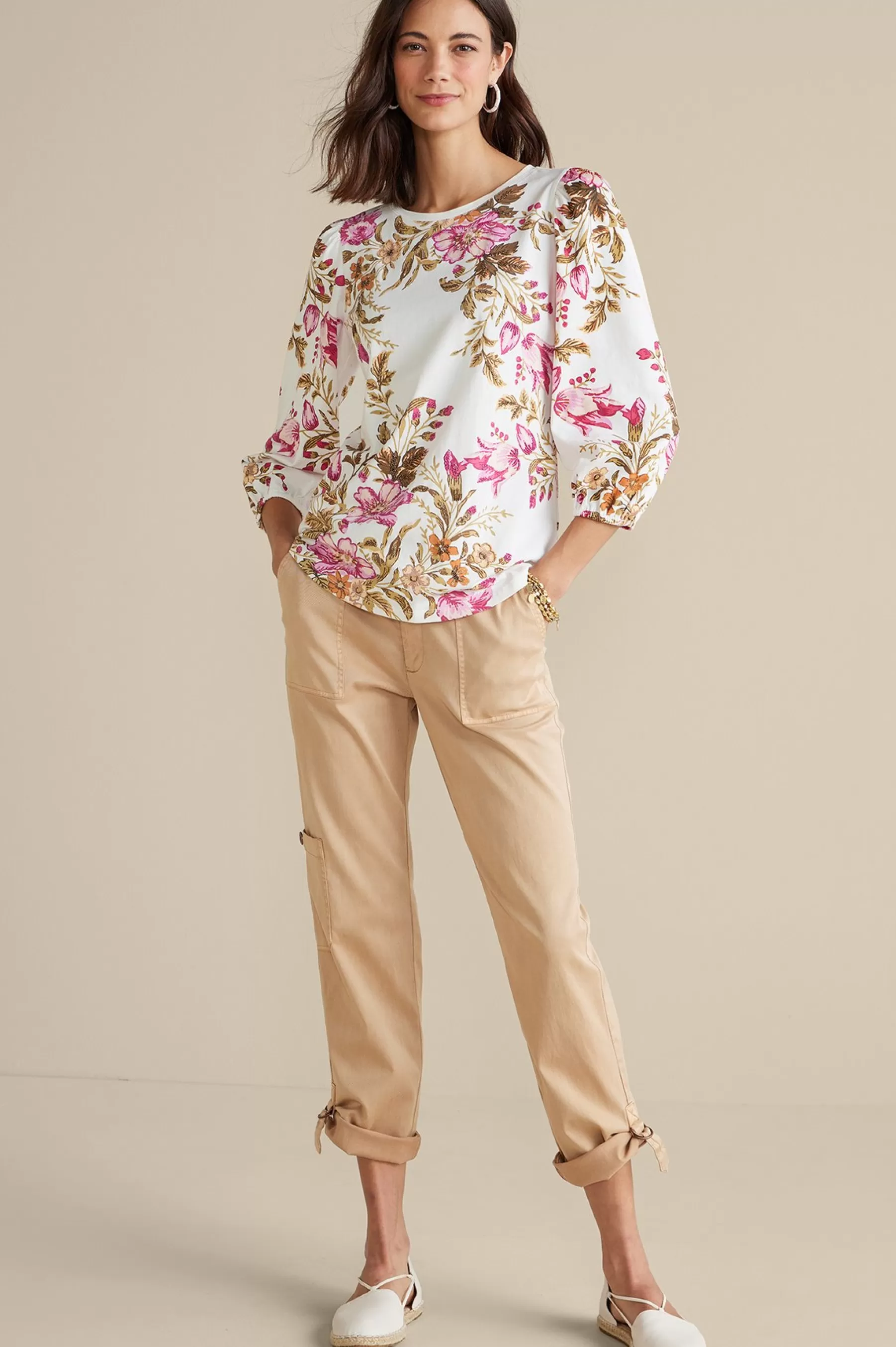 Feminine Flourish | three quarter length-Soft Surroundings Lesley Printed Top Painterly Peony Flowers