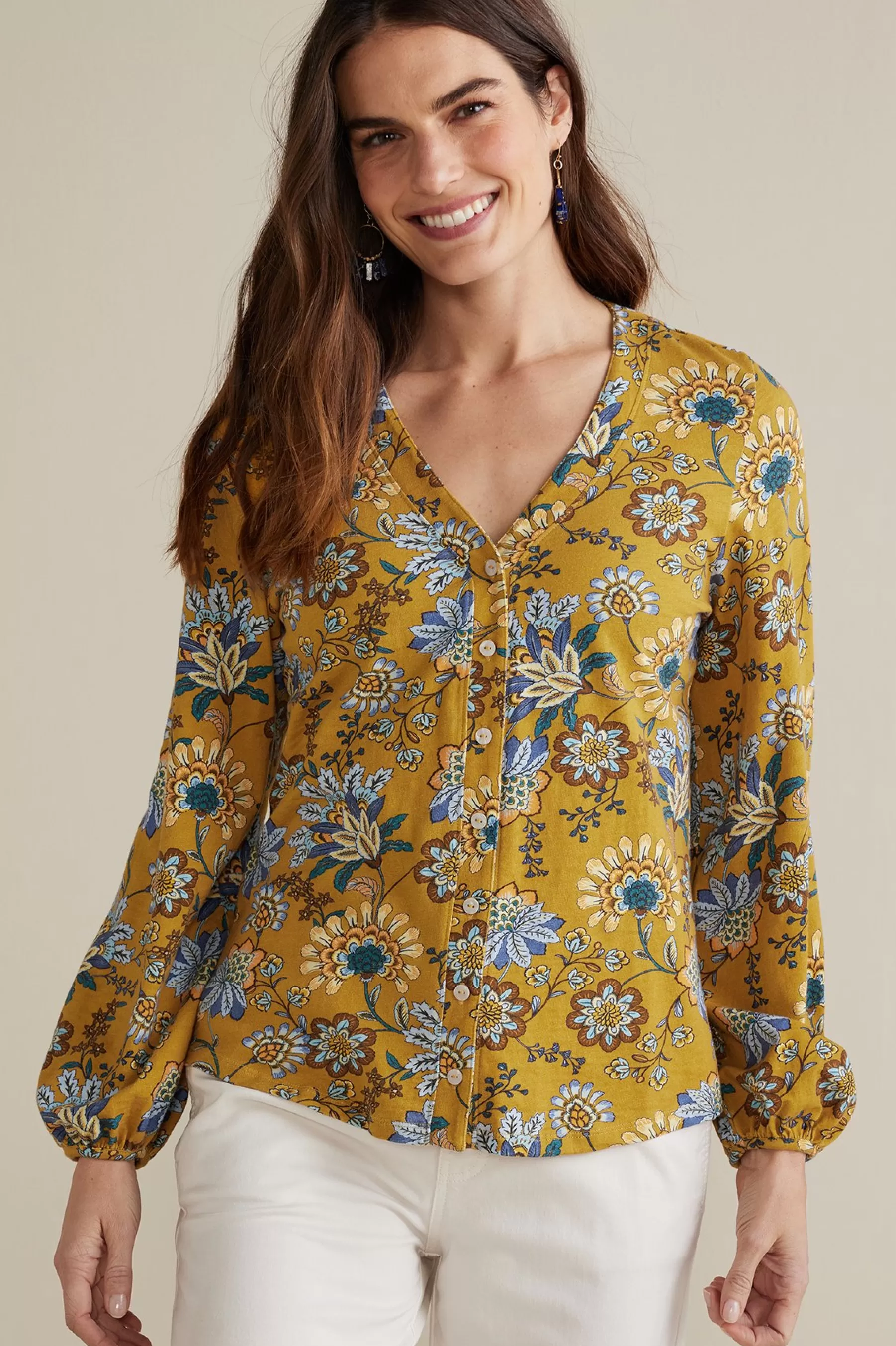 long sleeve | shirts-Soft Surroundings Lorna Button Front Top Swedish Blue